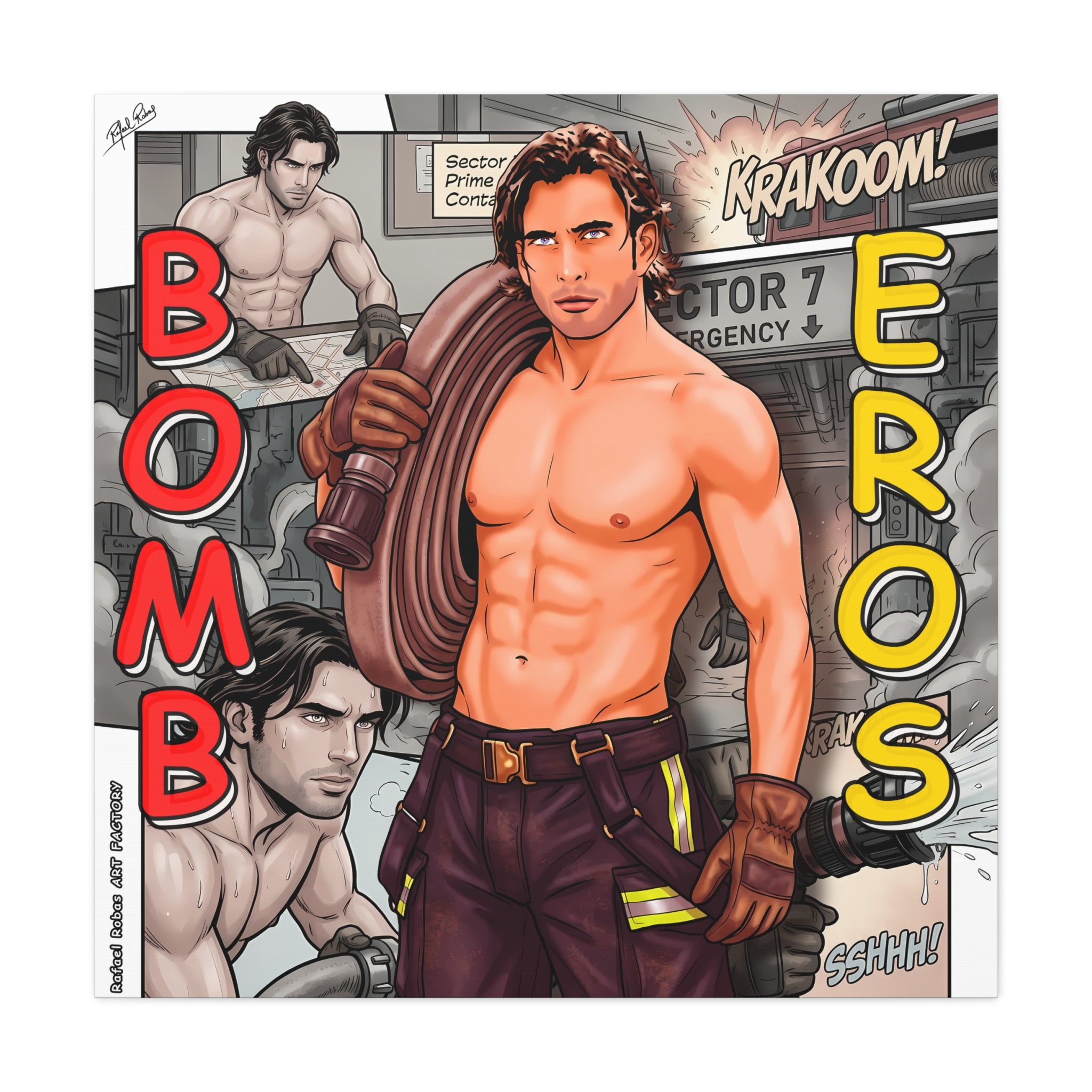 Bomb Eros Firefighter Canvas Art — Comic-Style Shirtless Hero Wall Decor