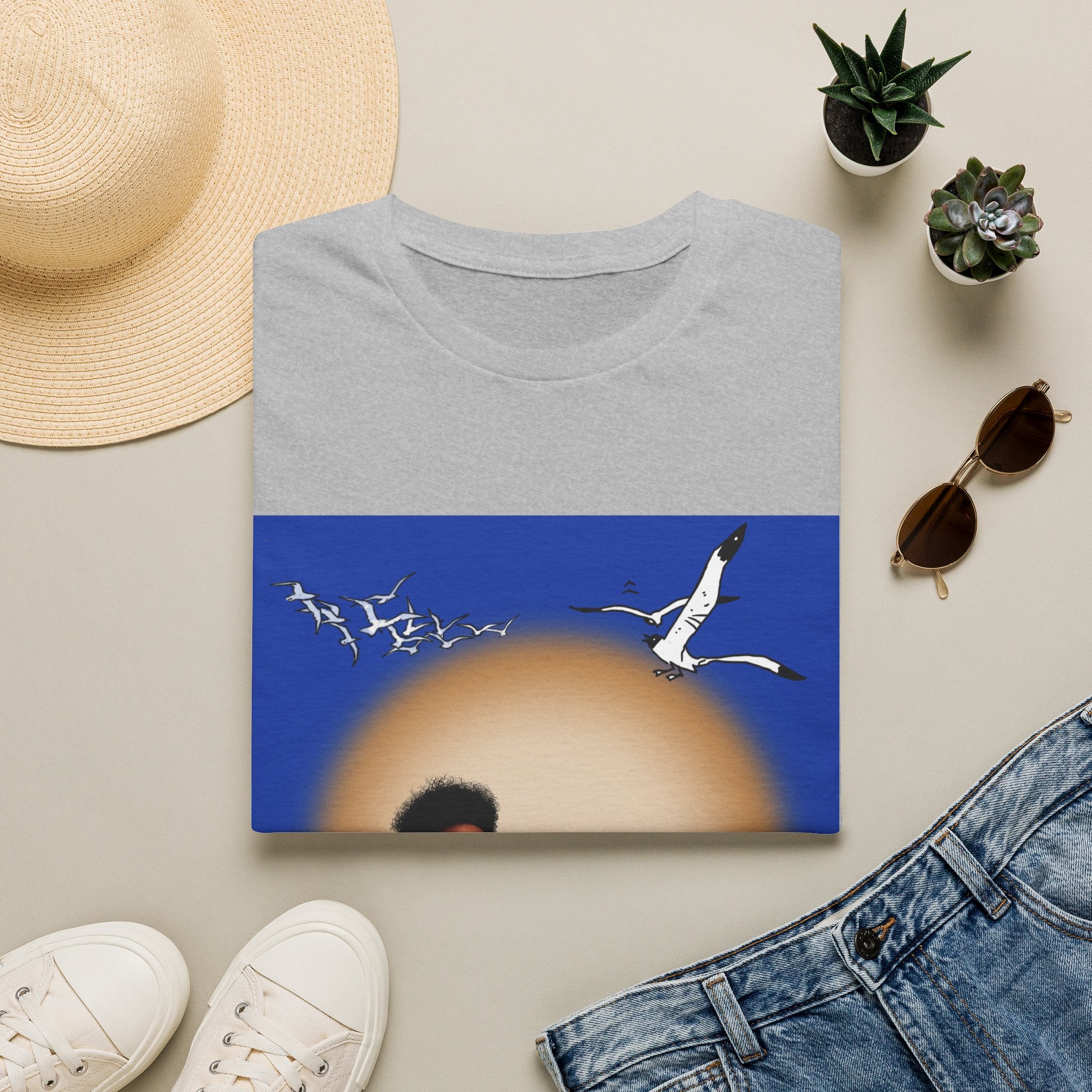 Graphic T-Shirt — Vintage Sun & Seagulls Beach Art (includes text)