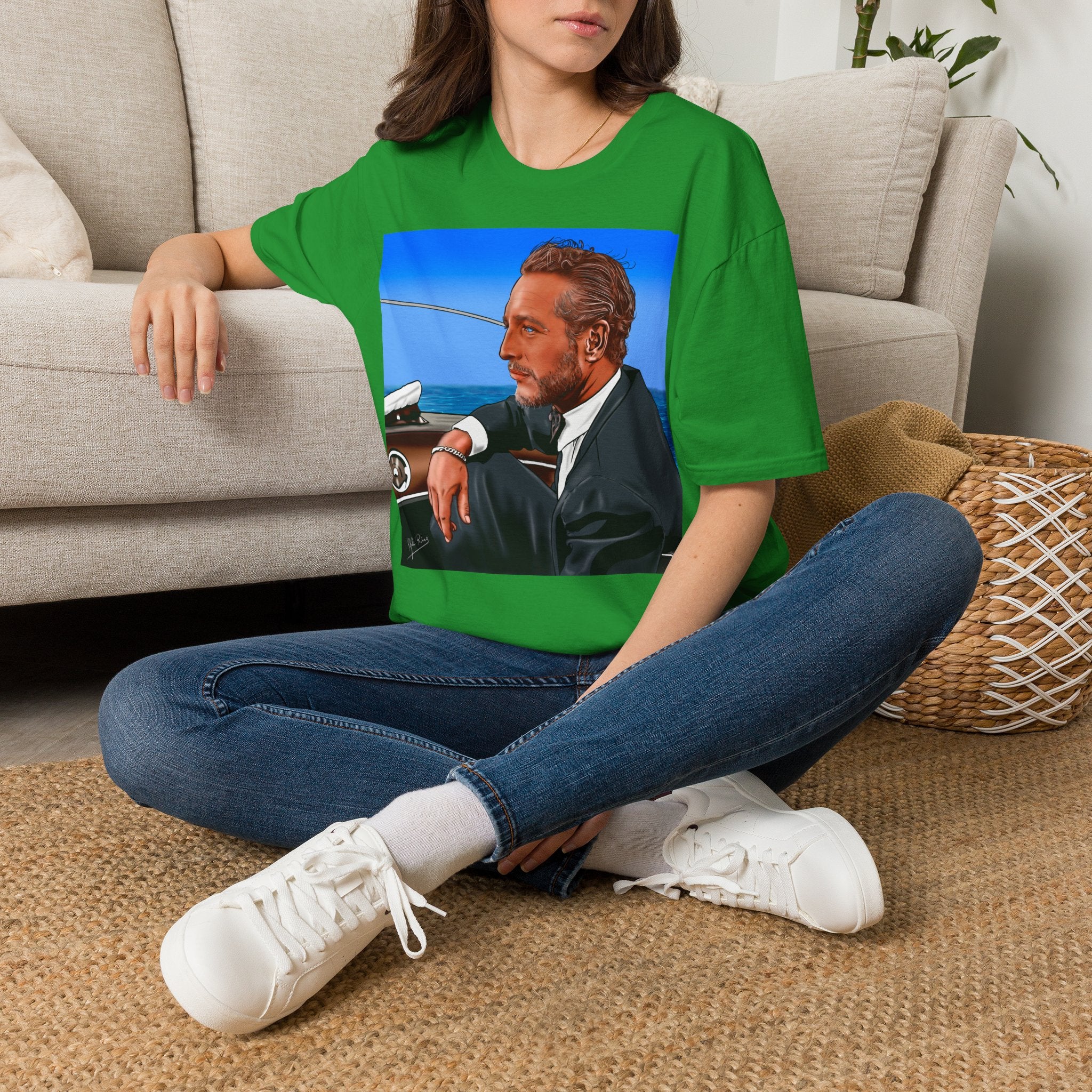 Classic Convertible Portrait T‑Shirt — Retro Gentleman Driving Design