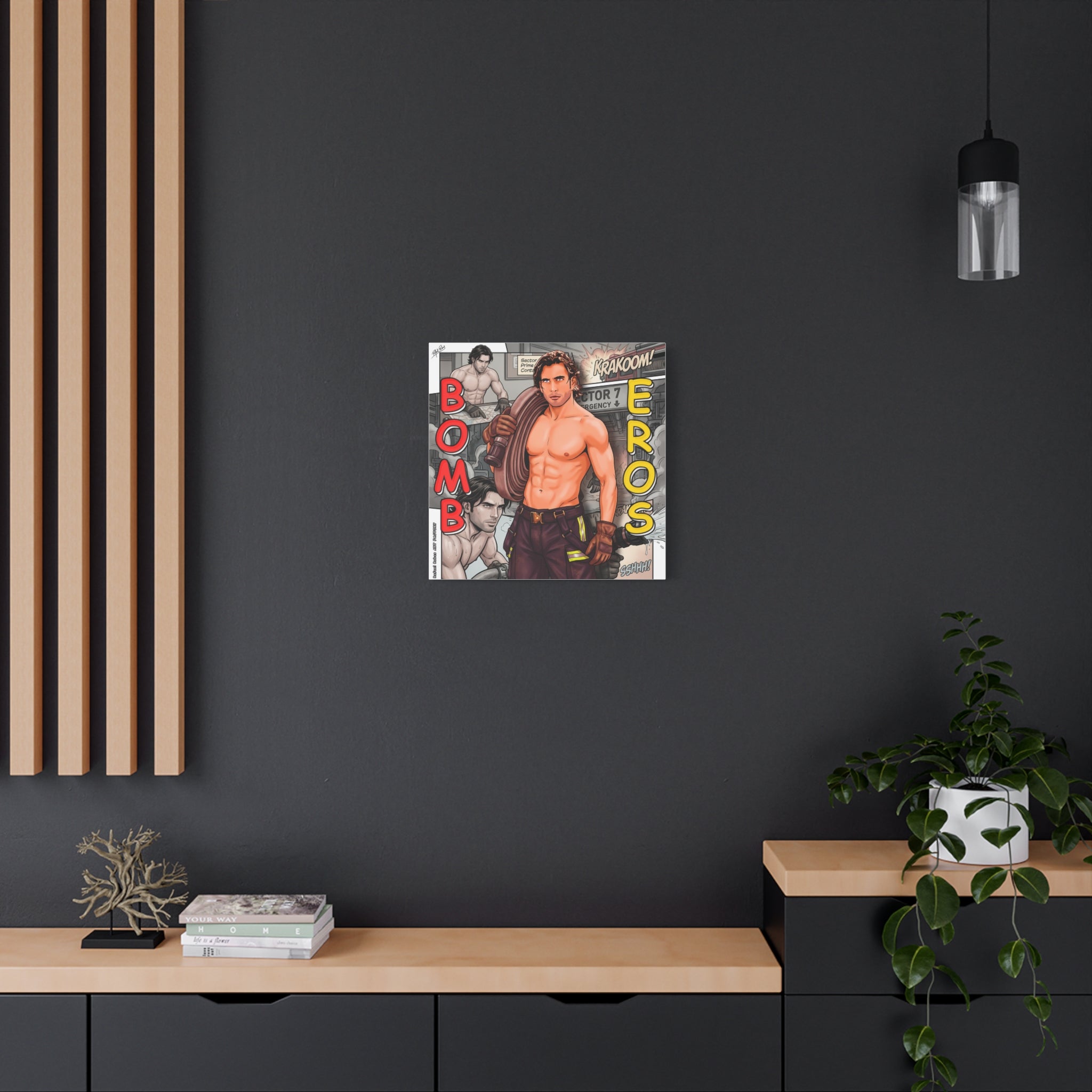 Bomb Eros Firefighter Canvas Art — Comic-Style Shirtless Hero Wall Decor
