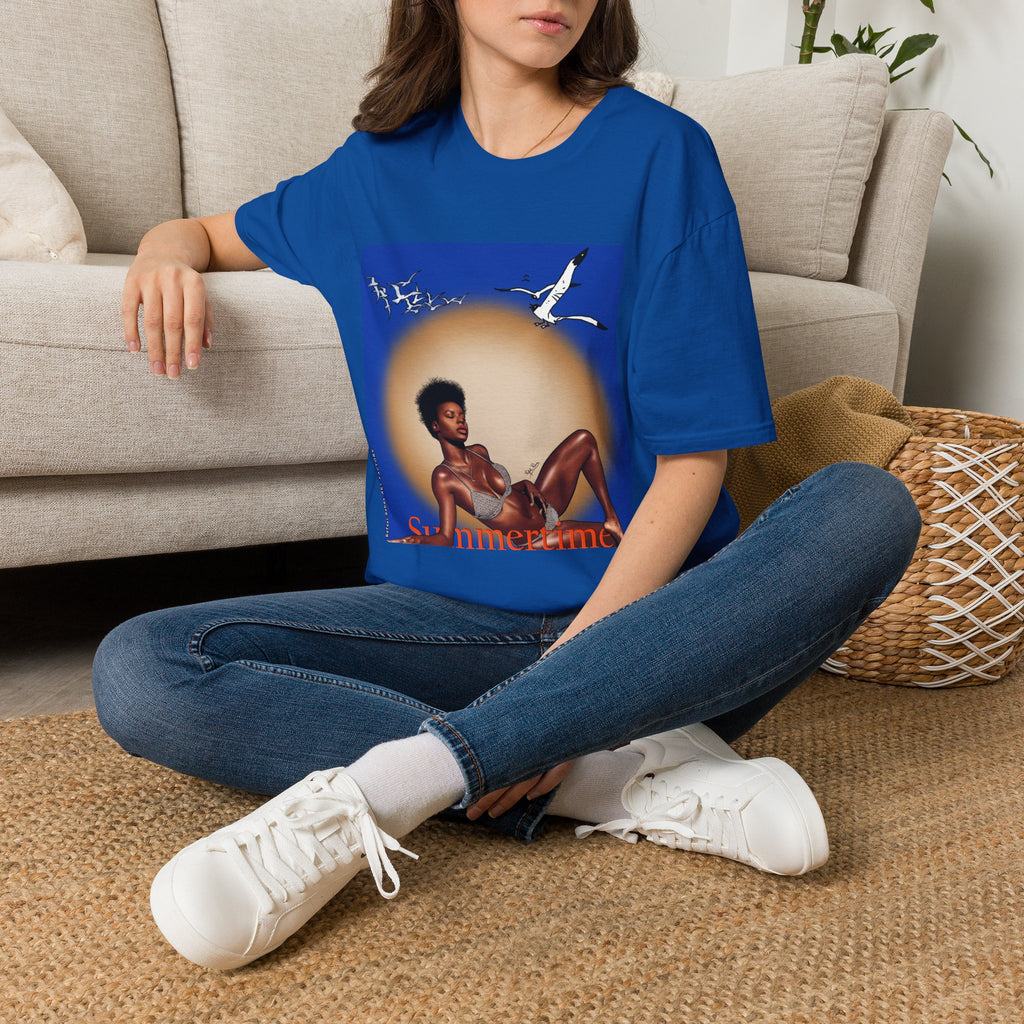 Graphic T-Shirt — Vintage Sun & Seagulls Beach Art (includes text)