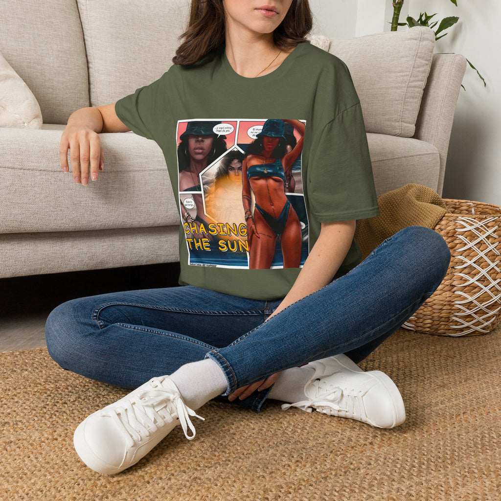 Graphic Swim Babe T-Shirt — "Chasing the Sun" Comic Panel Tee
