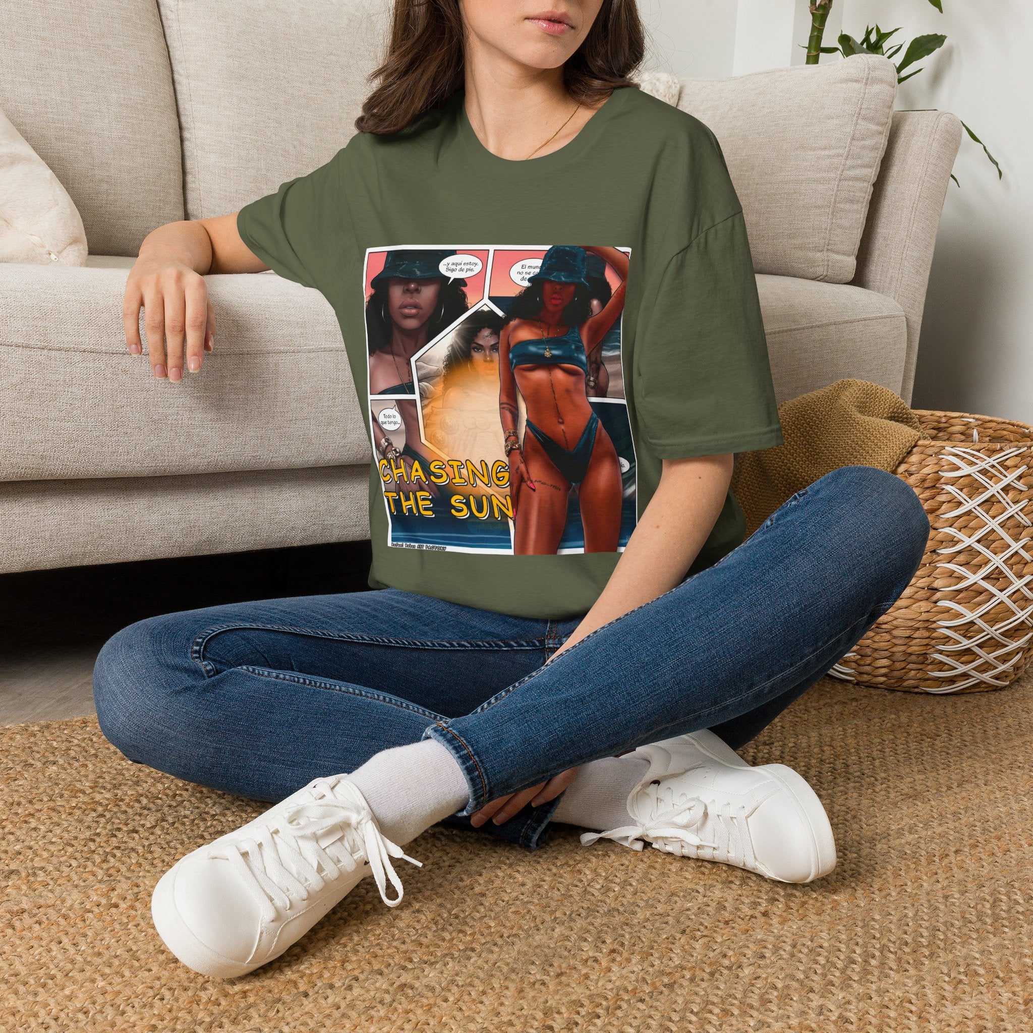 Graphic Swim Babe T-Shirt — "Chasing the Sun" Comic Panel Tee