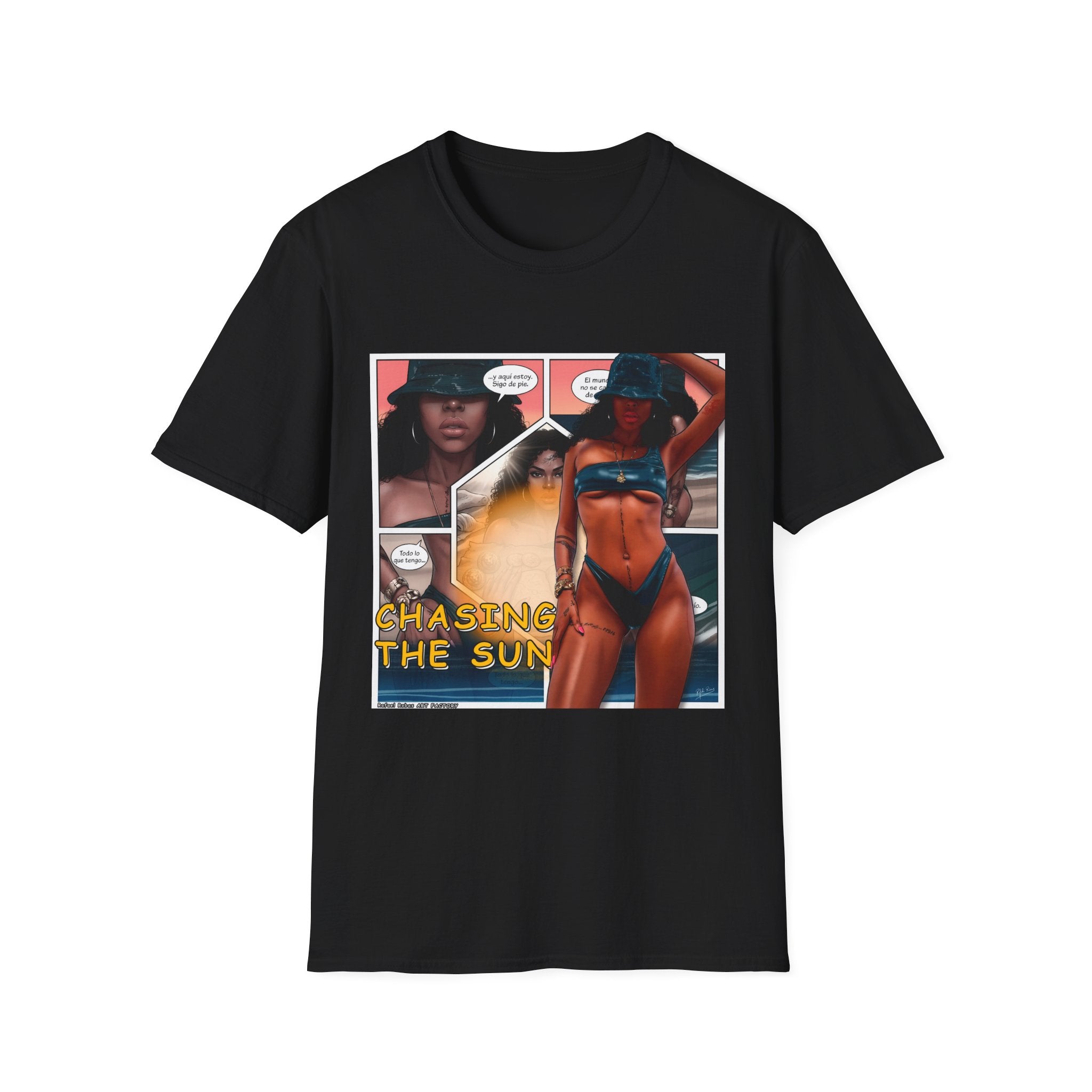 Graphic Swim Babe T-Shirt — "Chasing the Sun" Comic Panel Tee