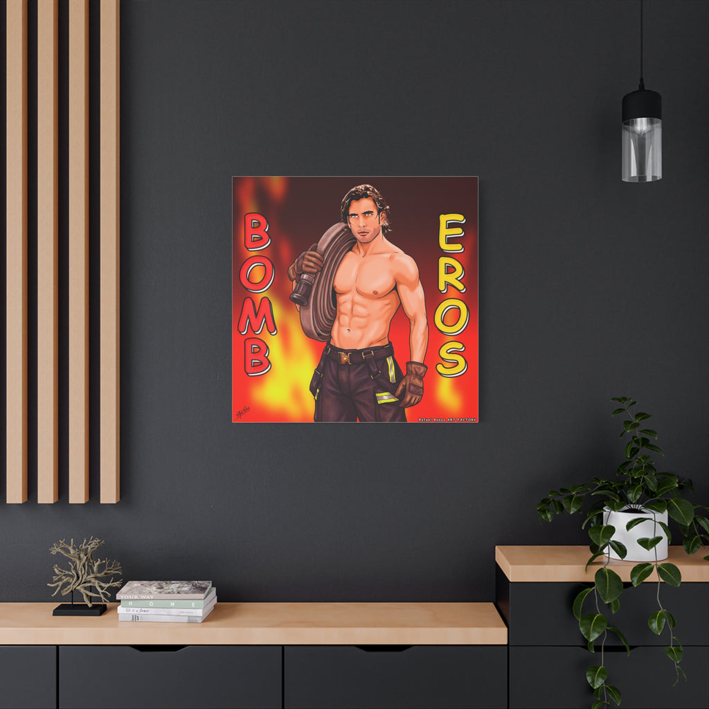 Firefighter Pinup Canvas Print — "Bomb Eros" Matte Stretched Wall Art