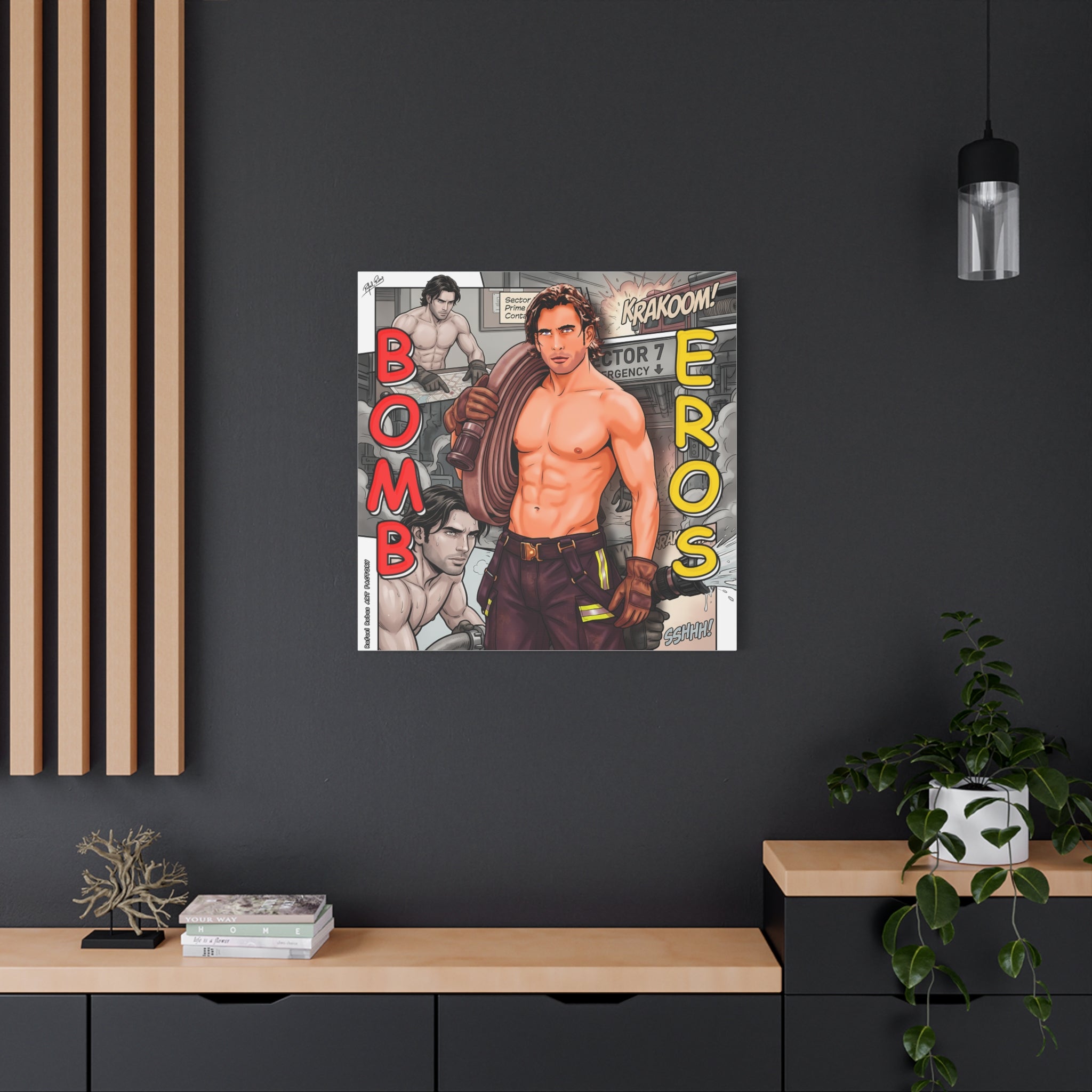 Bomb Eros Firefighter Canvas Art — Comic-Style Shirtless Hero Wall Decor