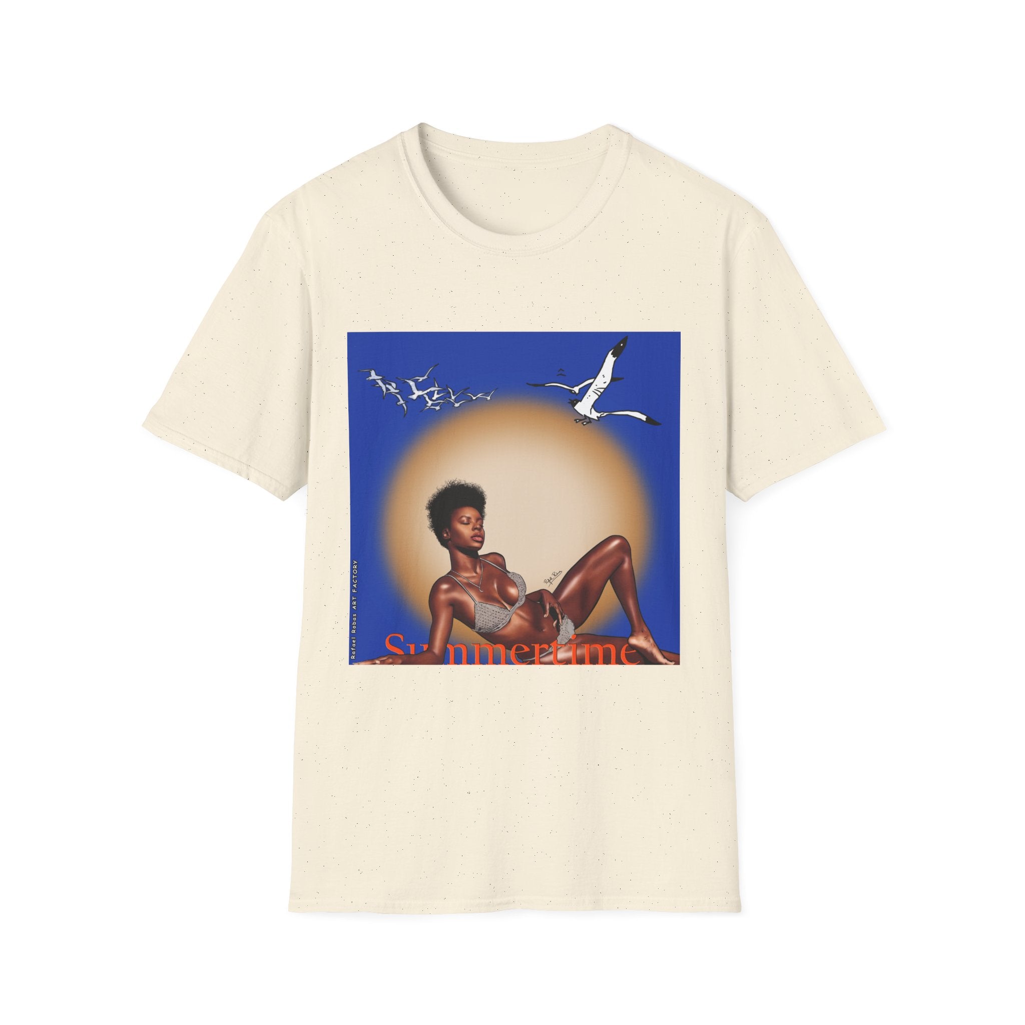 Graphic T-Shirt — Vintage Sun & Seagulls Beach Art (includes text)