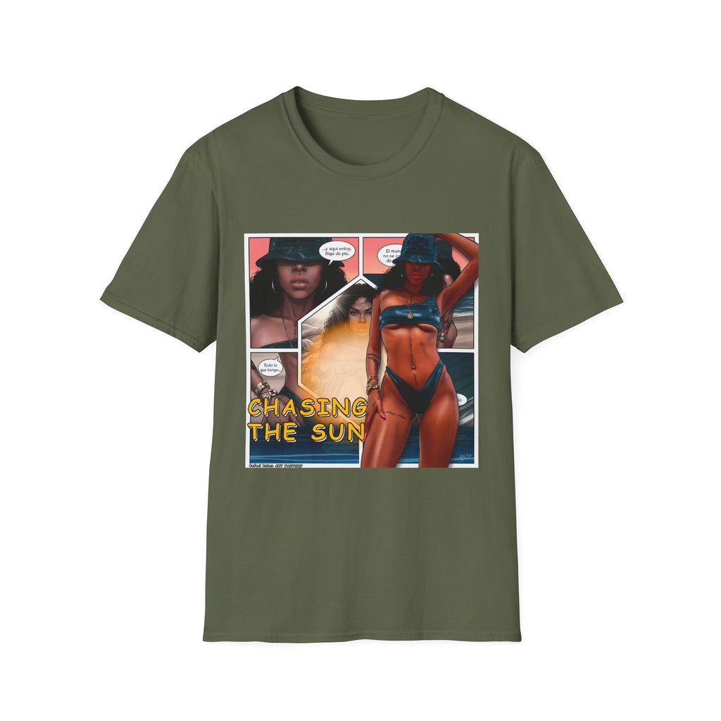 Graphic Swim Babe T-Shirt — "Chasing the Sun" Comic Panel Tee