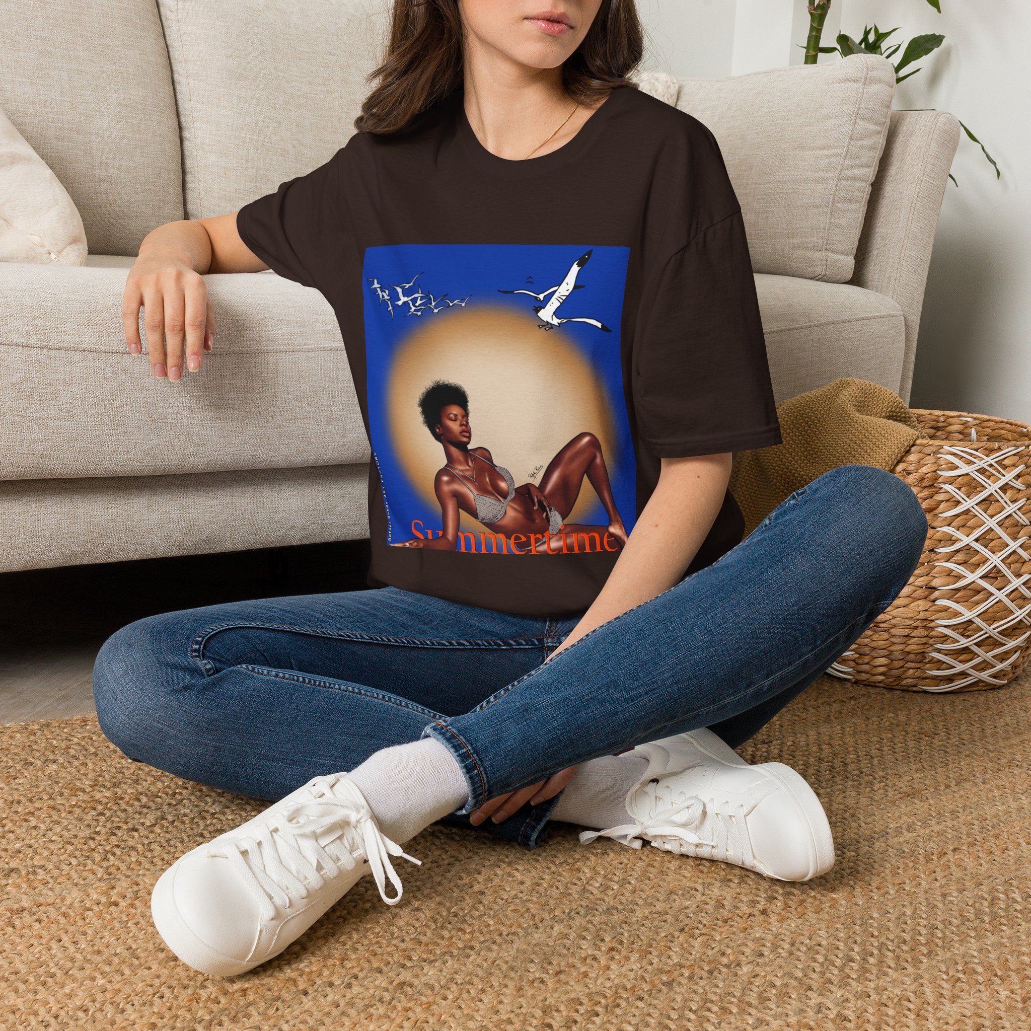 Graphic T-Shirt — Vintage Sun & Seagulls Beach Art (includes text)