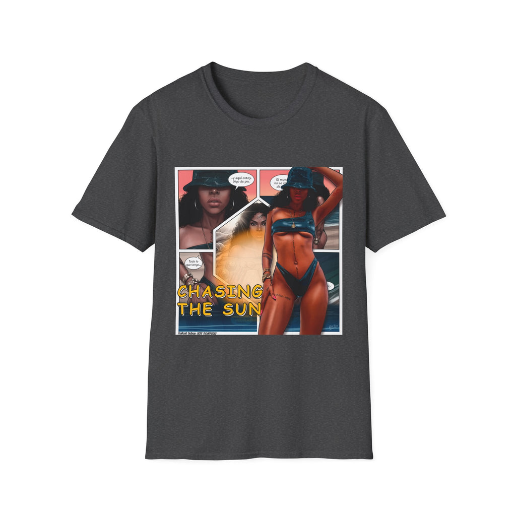 Graphic Swim Babe T-Shirt — "Chasing the Sun" Comic Panel Tee