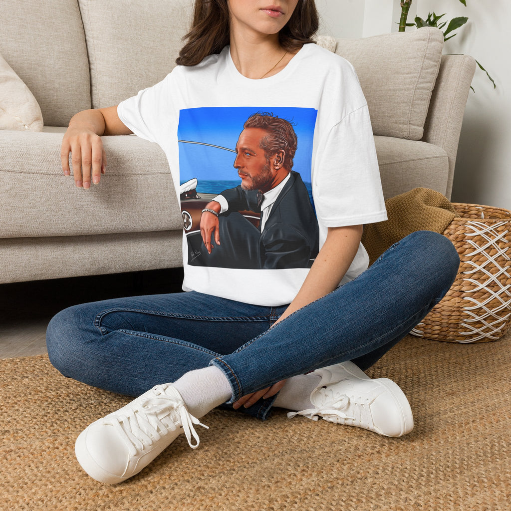 Classic Convertible Portrait T‑Shirt — Retro Gentleman Driving Design