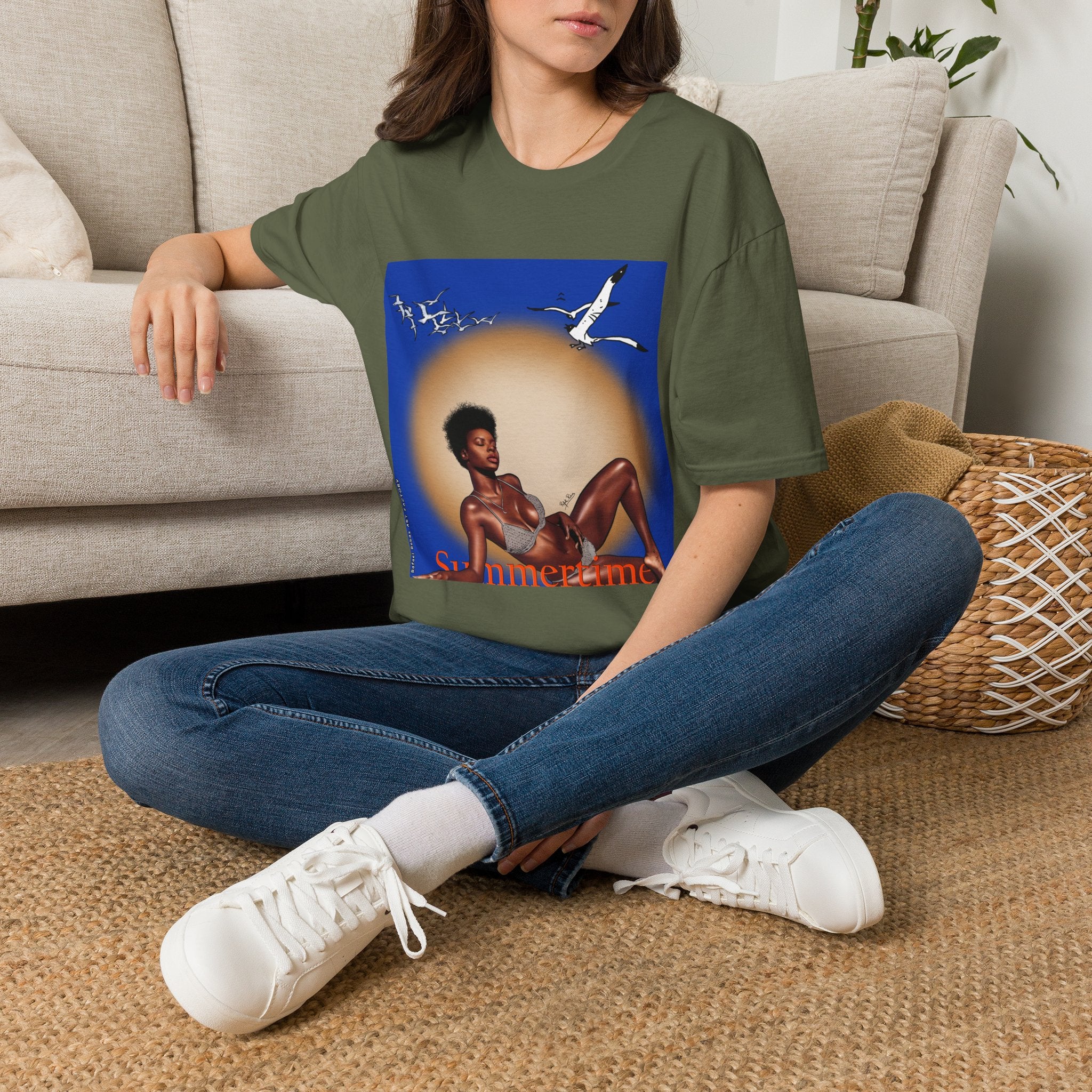 Graphic T-Shirt — Vintage Sun & Seagulls Beach Art (includes text)