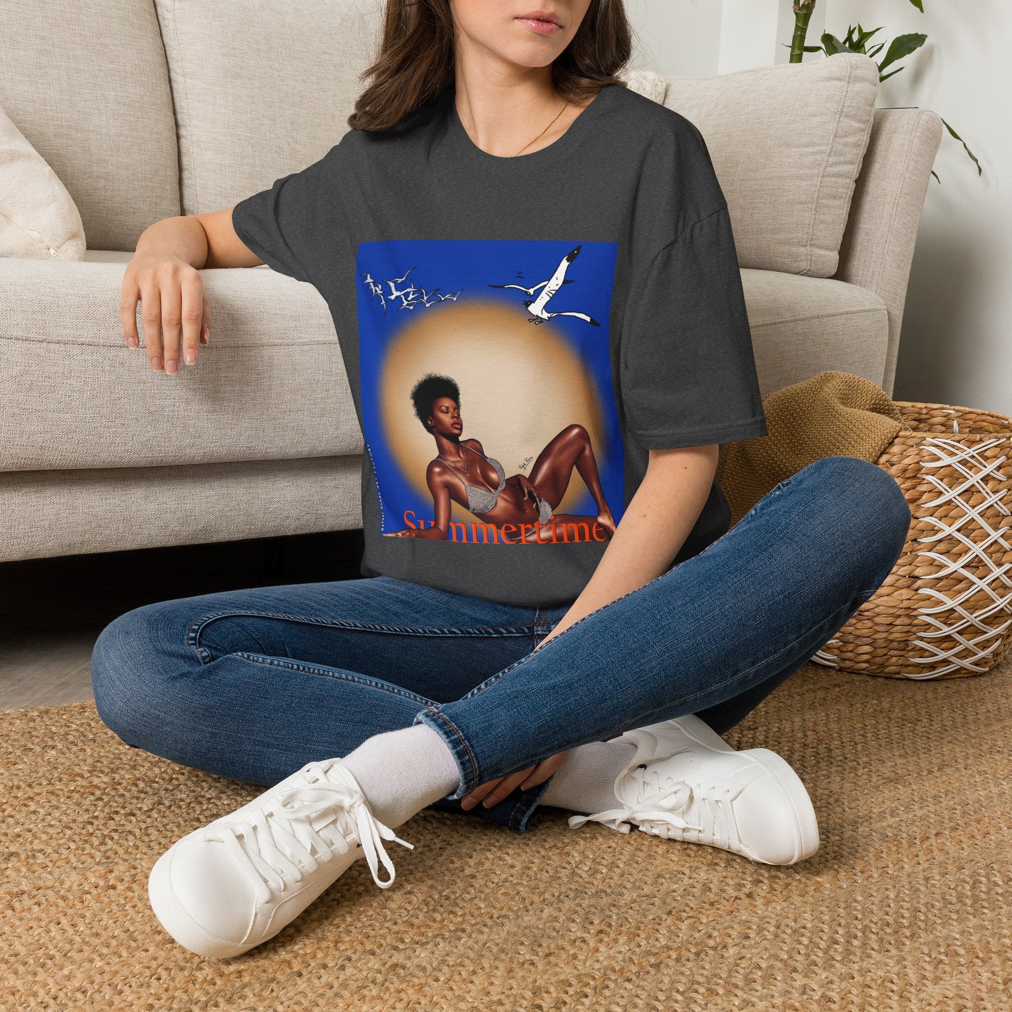 Graphic T-Shirt — Vintage Sun & Seagulls Beach Art (includes text)