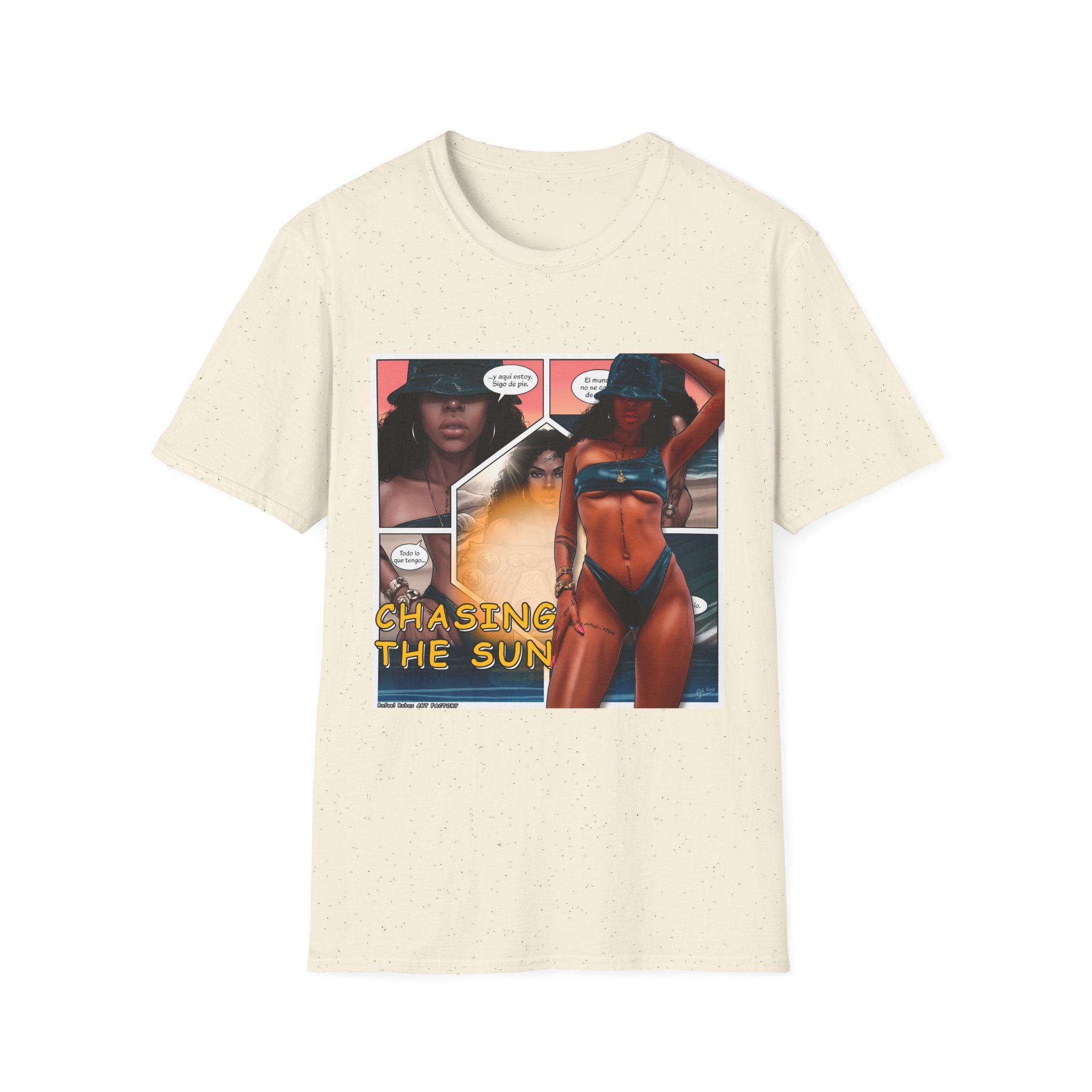 Graphic Swim Babe T-Shirt — "Chasing the Sun" Comic Panel Tee
