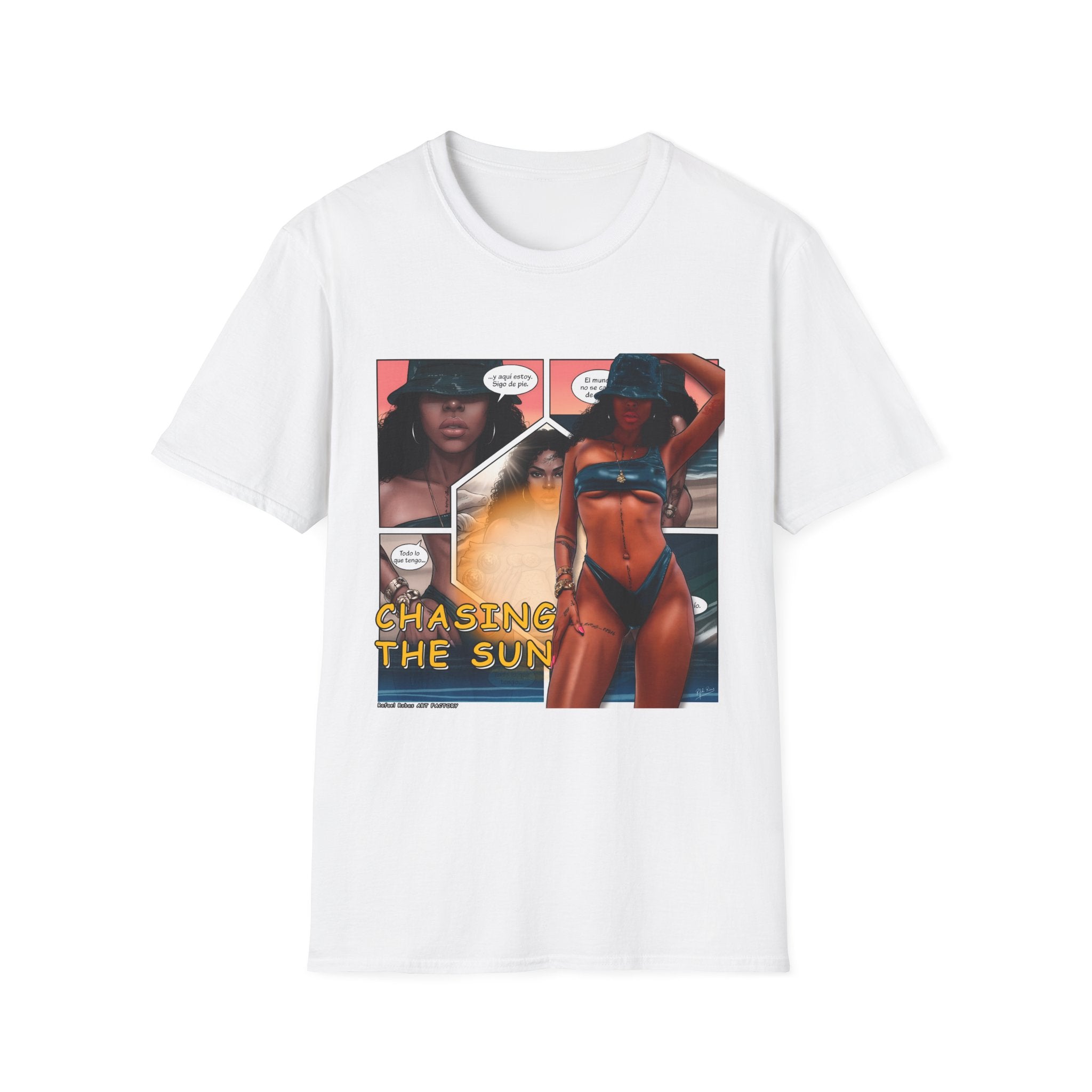 Graphic Swim Babe T-Shirt — "Chasing the Sun" Comic Panel Tee