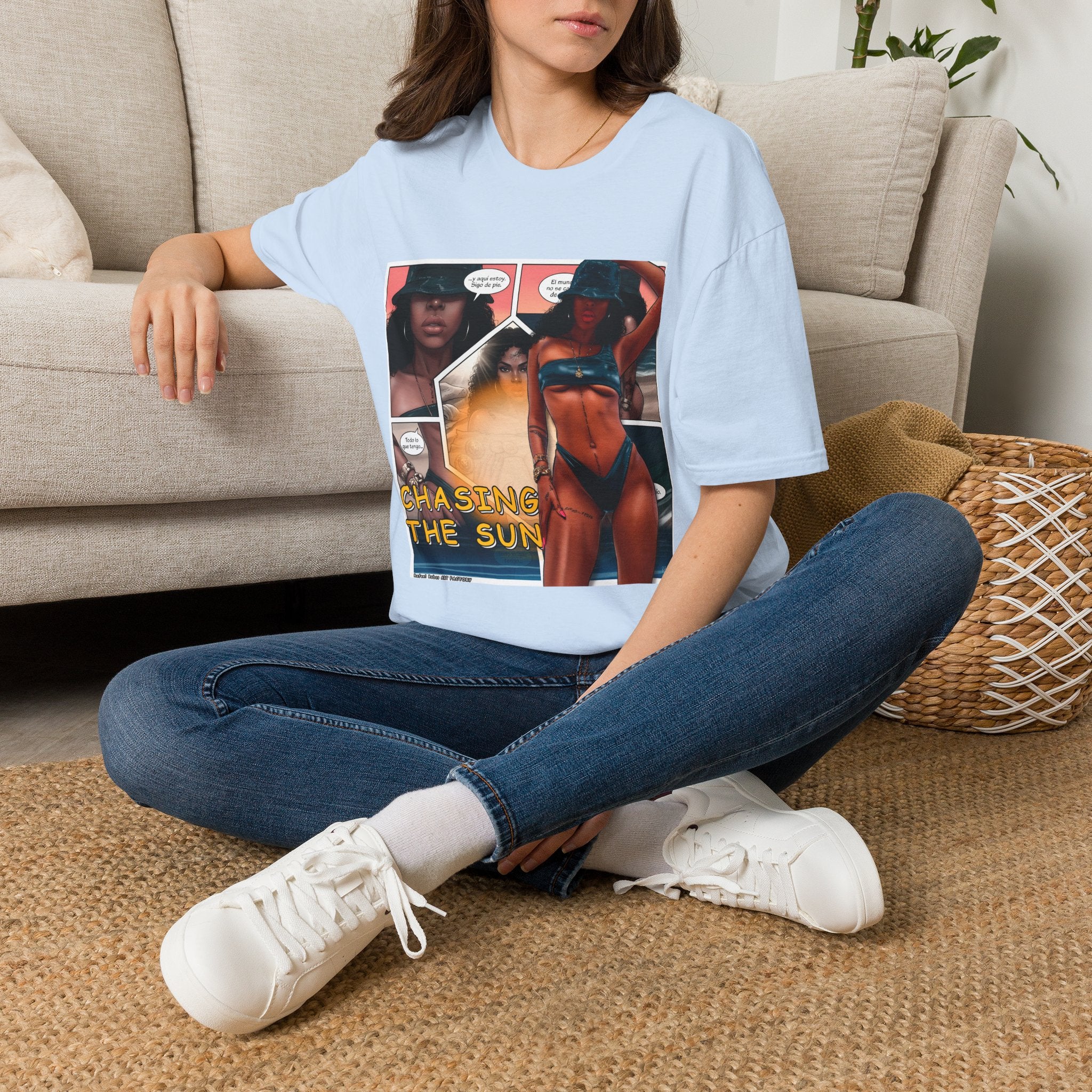 Graphic Swim Babe T-Shirt — "Chasing the Sun" Comic Panel Tee