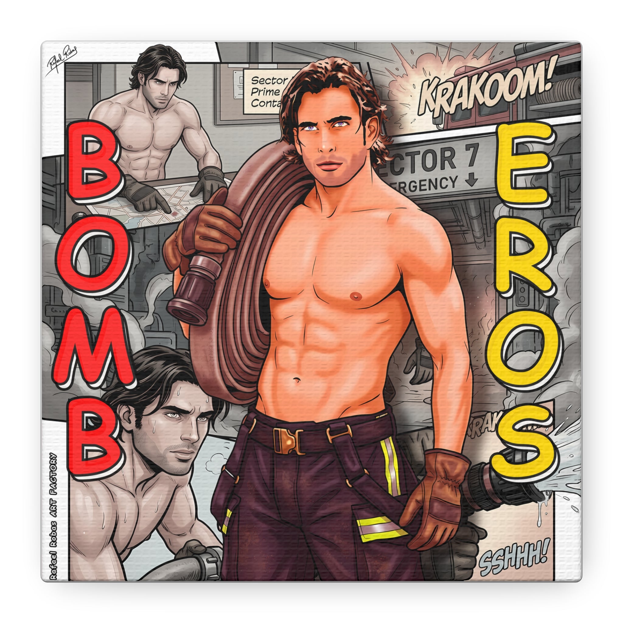 Bomb Eros Firefighter Canvas Art — Comic-Style Shirtless Hero Wall Decor