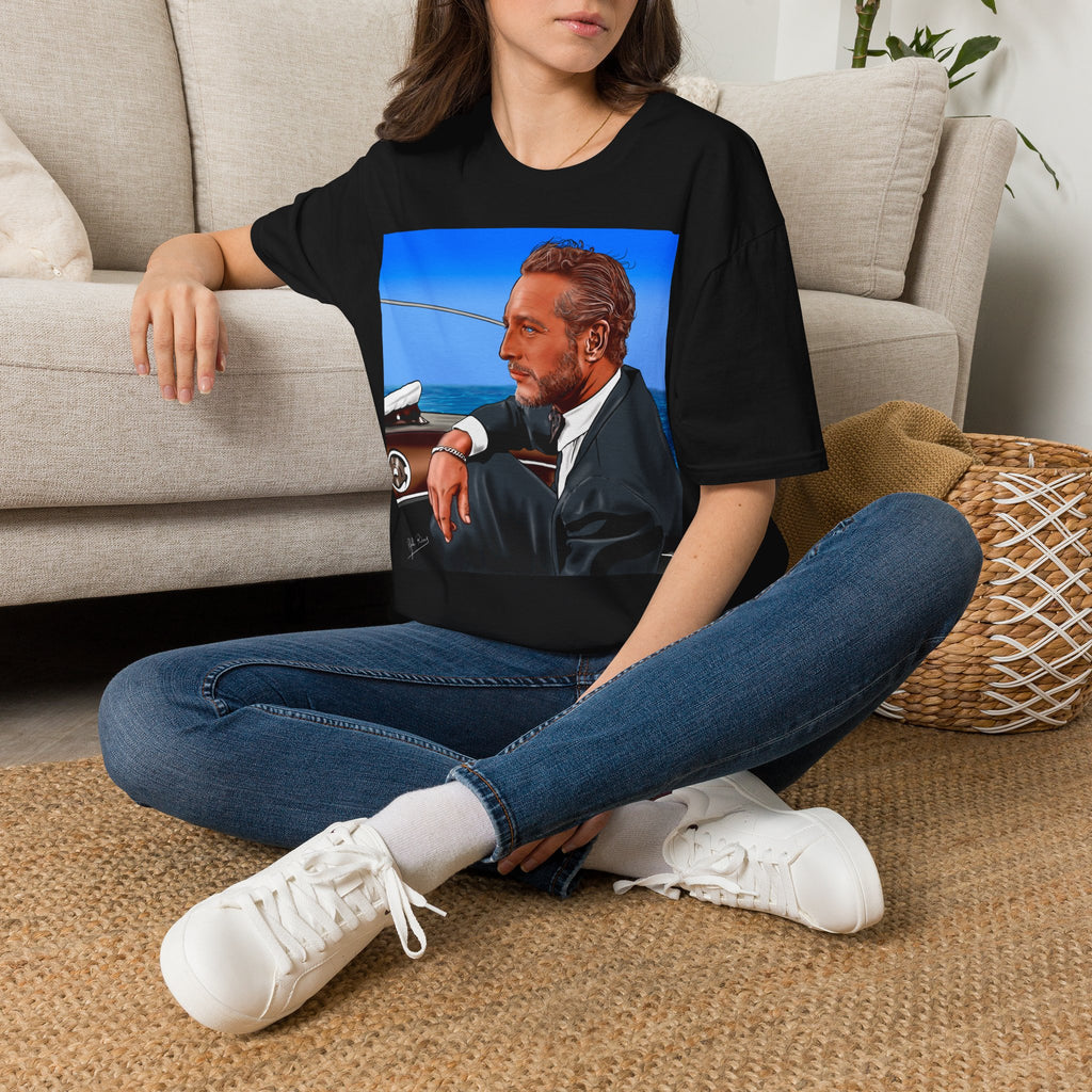Classic Convertible Portrait T‑Shirt — Retro Gentleman Driving Design