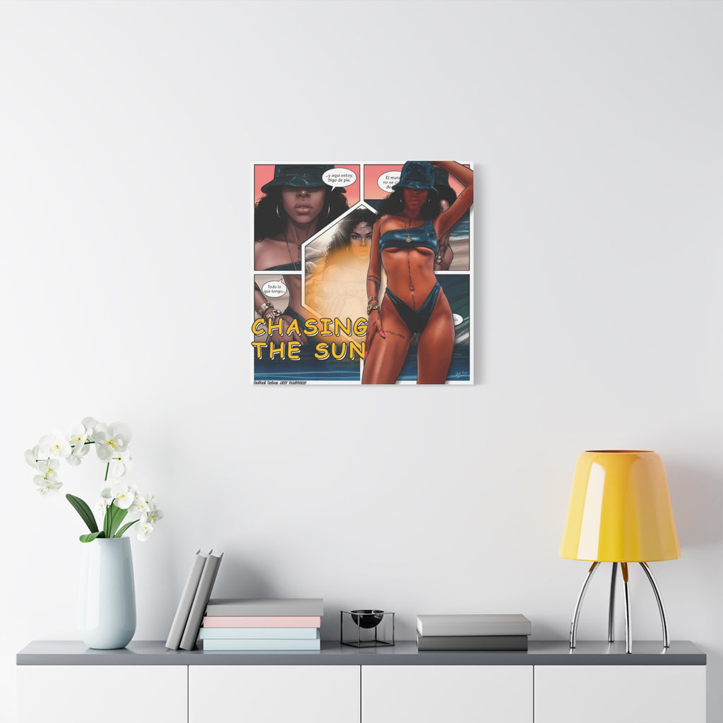 Chasing the Sun Canvas Art — Tropical Pinup Comic Print