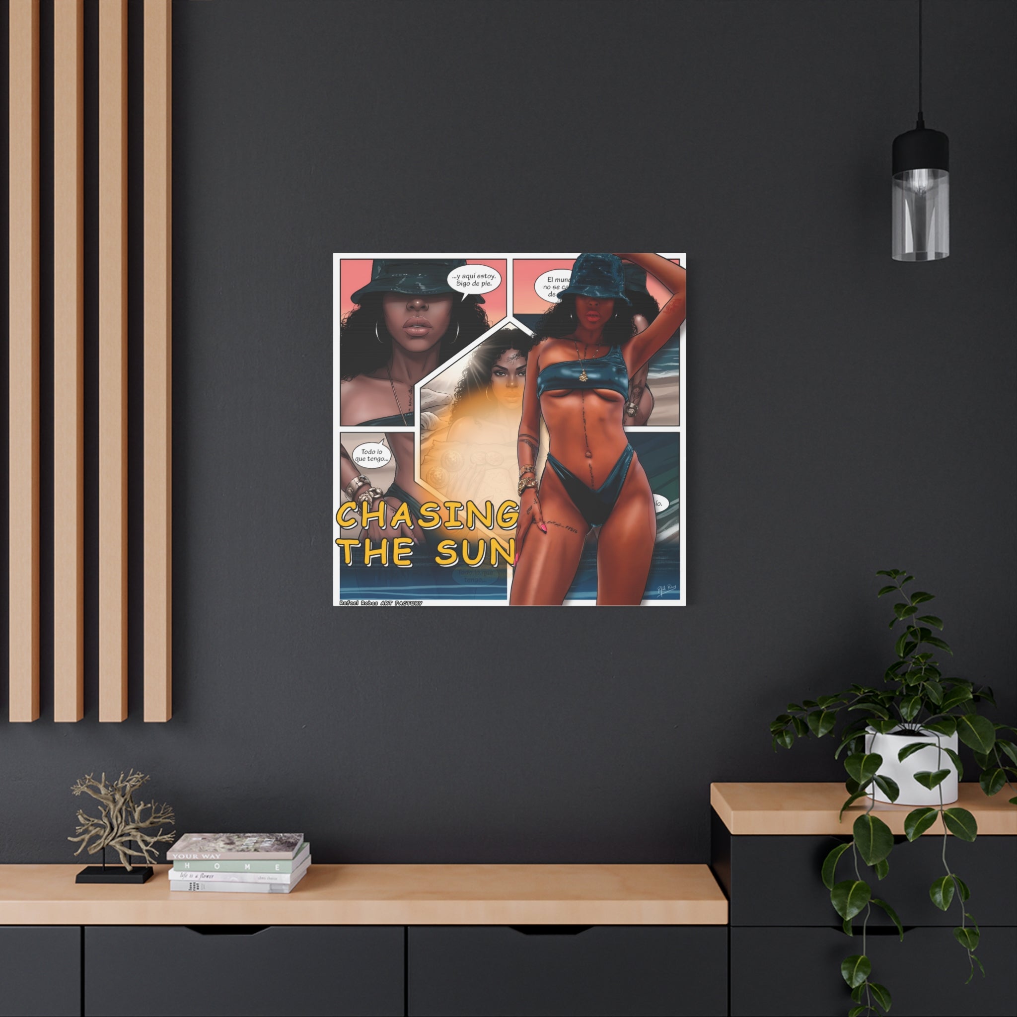 Chasing the Sun Canvas Art — Tropical Pinup Comic Print