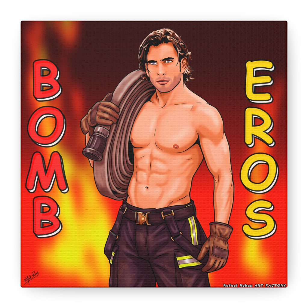 Firefighter Pinup Canvas Print — "Bomb Eros" Matte Stretched Wall Art