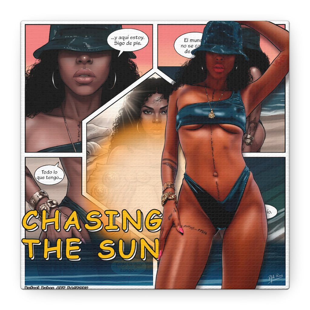 Chasing the Sun Canvas Art — Tropical Pinup Comic Print