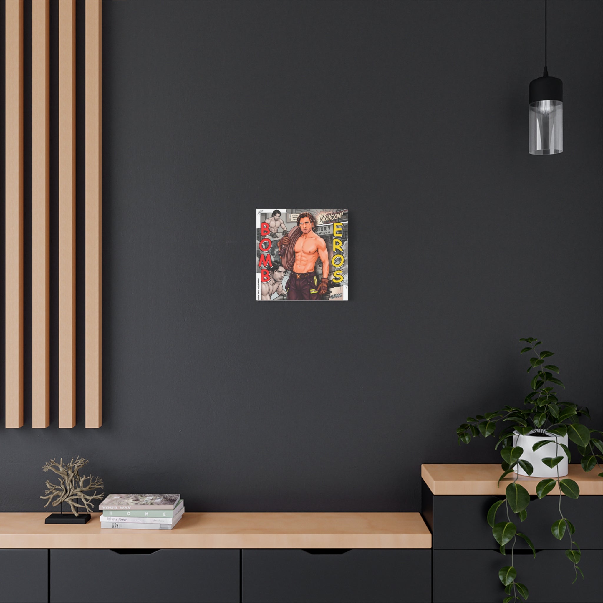 Bomb Eros Firefighter Canvas Art — Comic-Style Shirtless Hero Wall Decor