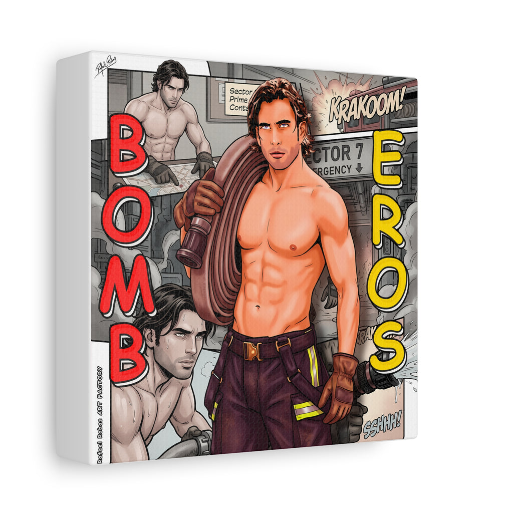 Bomb Eros Firefighter Canvas Art — Comic-Style Shirtless Hero Wall Decor