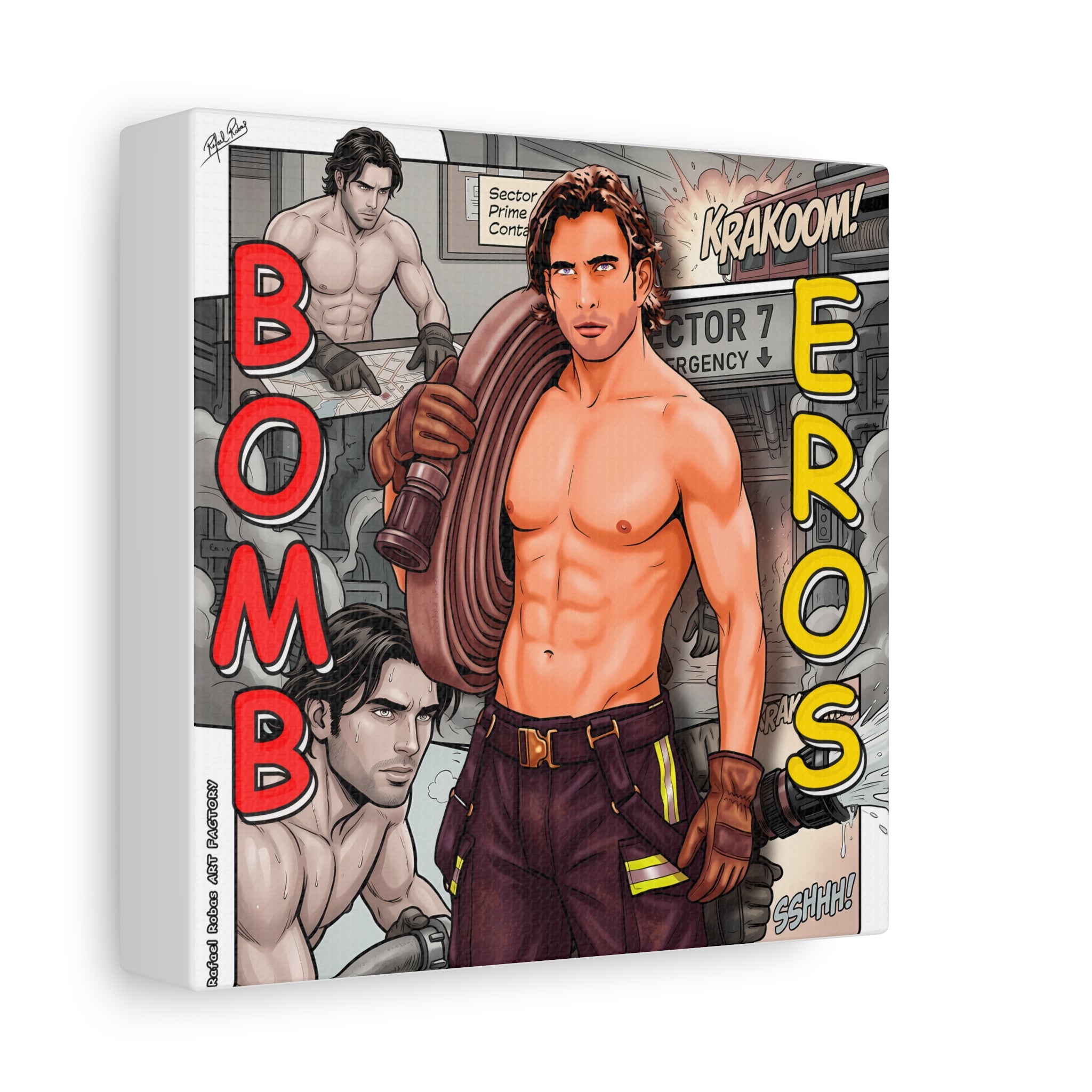 Bomb Eros Firefighter Canvas Art — Comic-Style Shirtless Hero Wall Decor