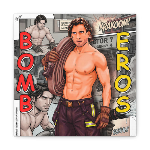 Bomb Eros Firefighter Canvas Art — Comic-Style Shirtless Hero Wall Decor
