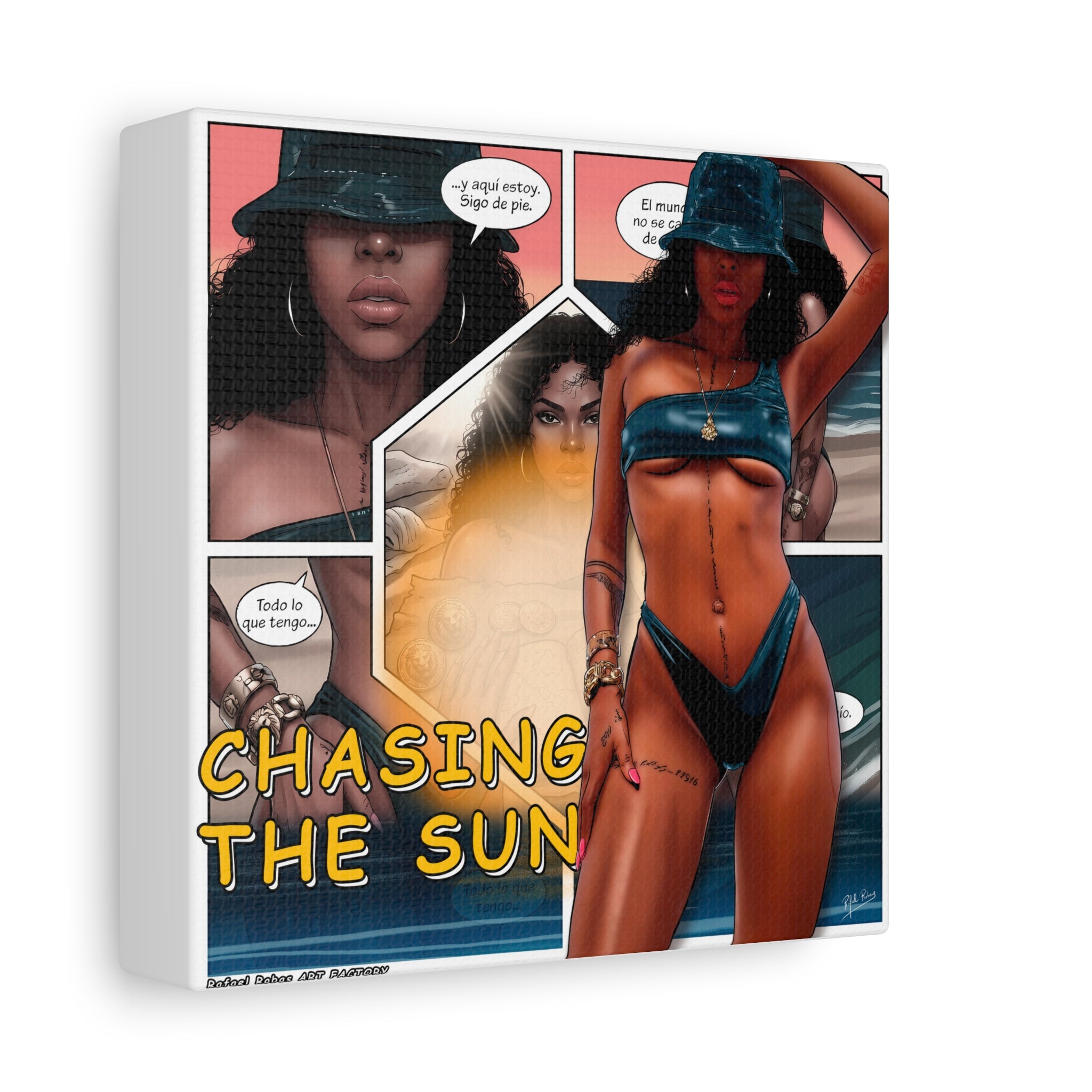 Chasing the Sun Canvas Art — Tropical Pinup Comic Print