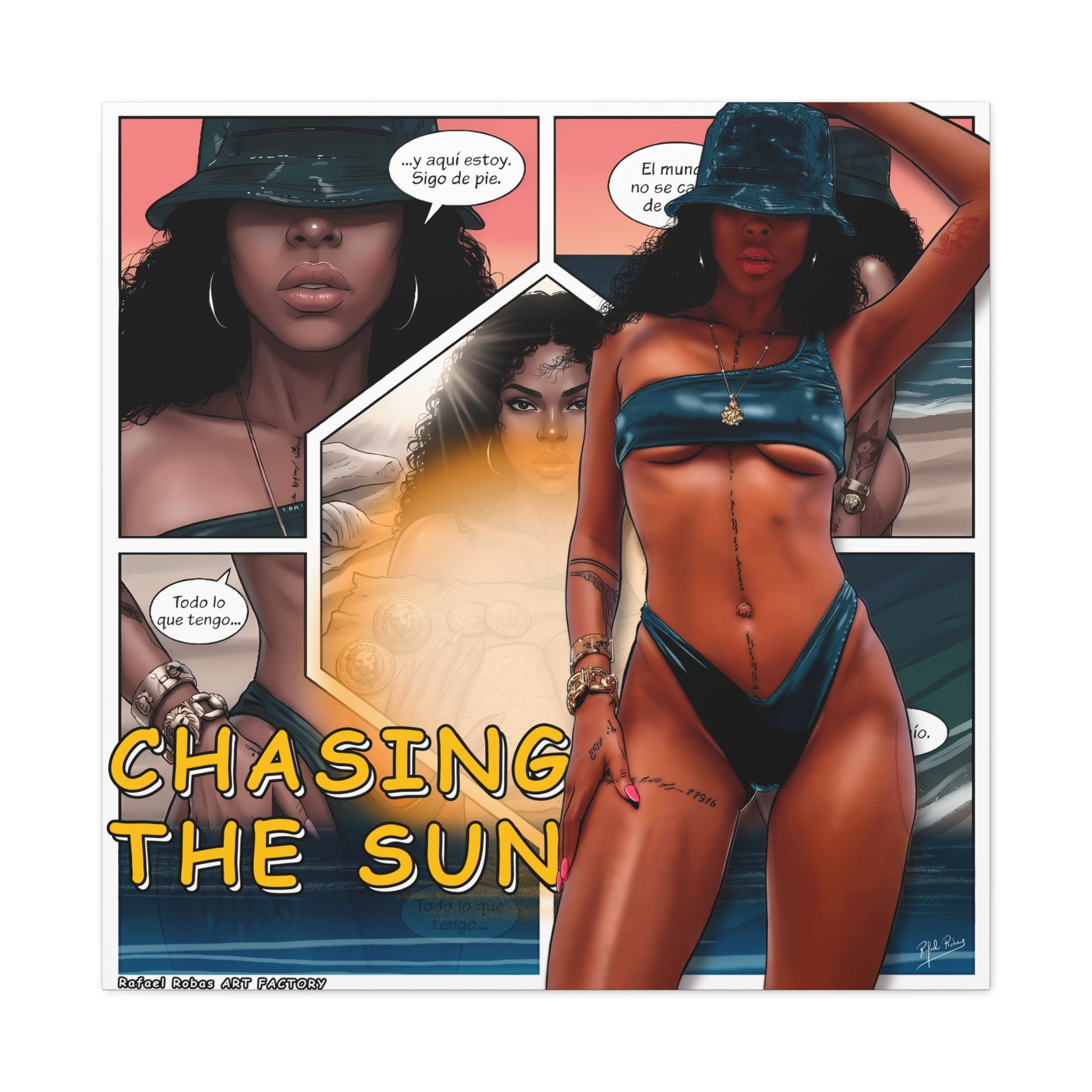 Chasing the Sun Canvas Art — Tropical Pinup Comic Print