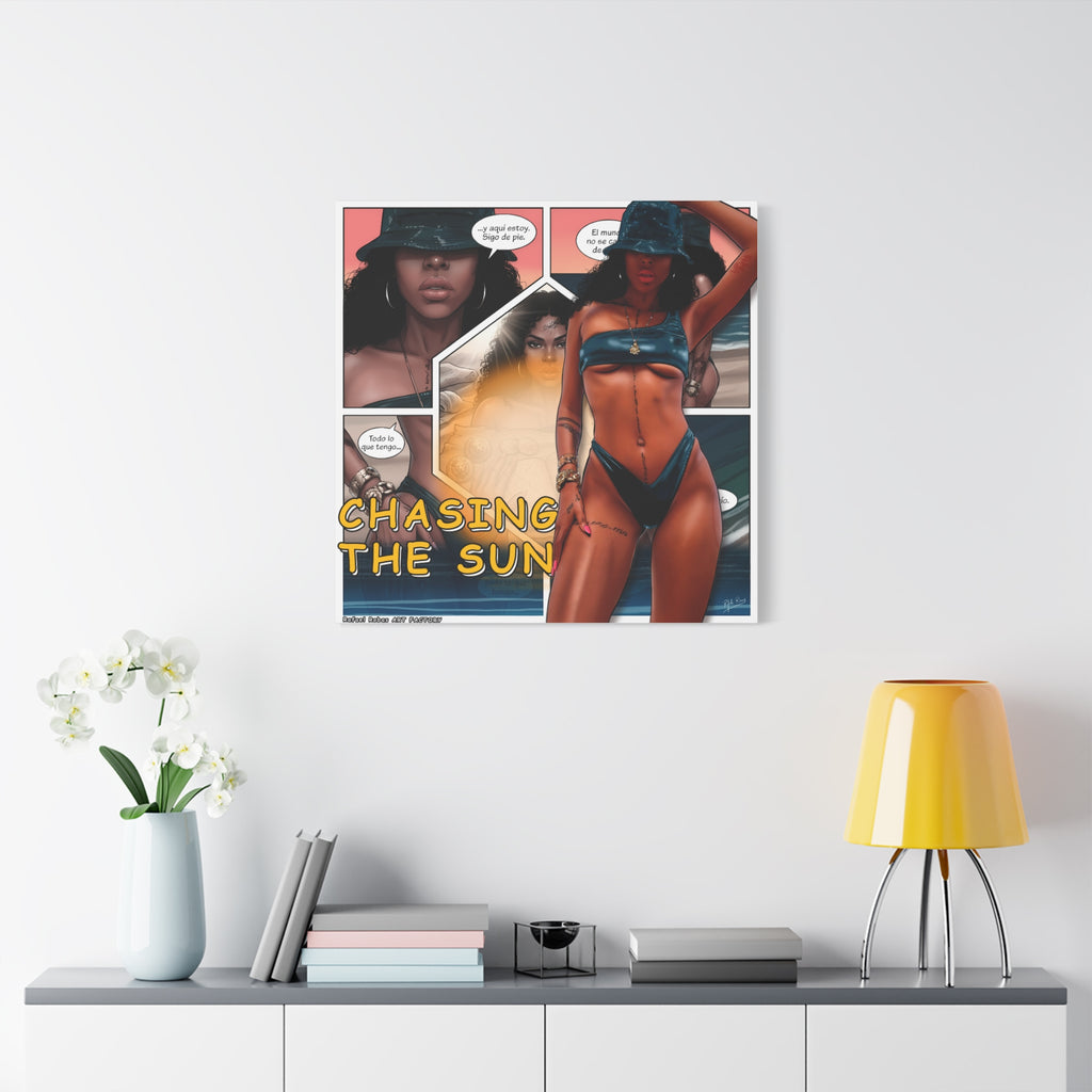 Chasing the Sun Canvas Art — Tropical Pinup Comic Print