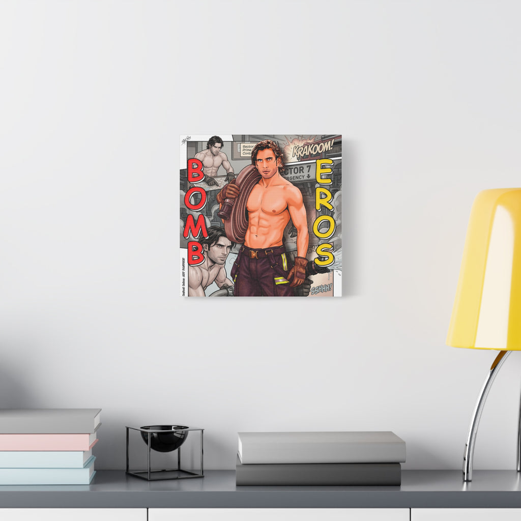 Bomb Eros Firefighter Canvas Art — Comic-Style Shirtless Hero Wall Decor