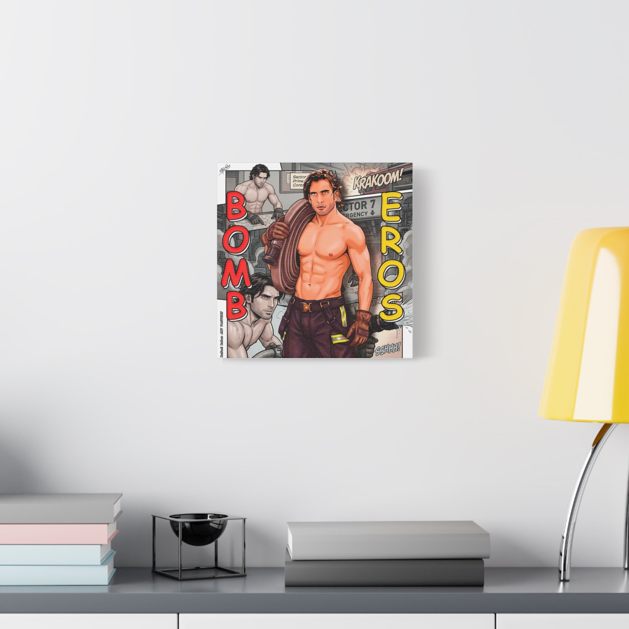 Bomb Eros Firefighter Canvas Art — Comic-Style Shirtless Hero Wall Decor