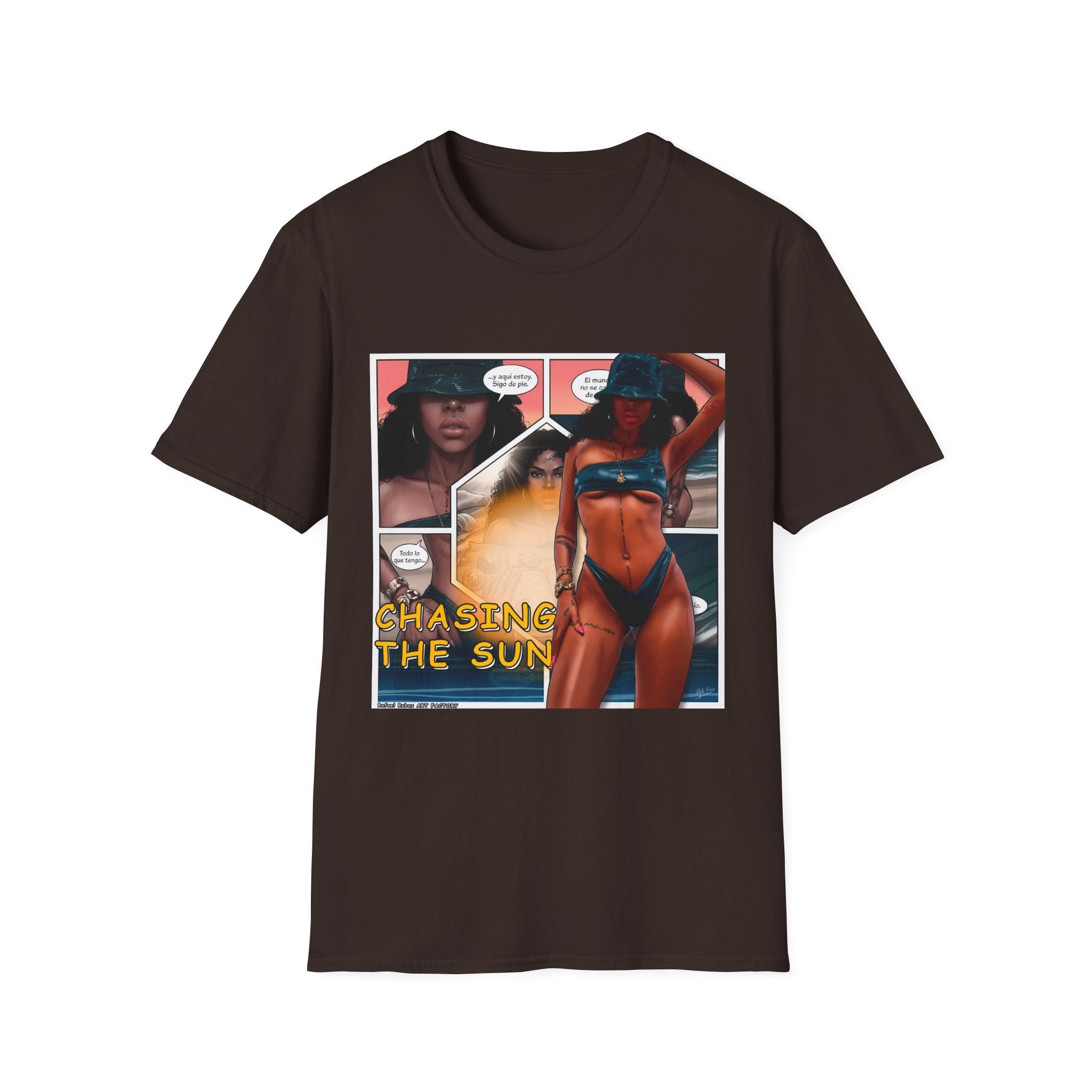 Graphic Swim Babe T-Shirt — "Chasing the Sun" Comic Panel Tee