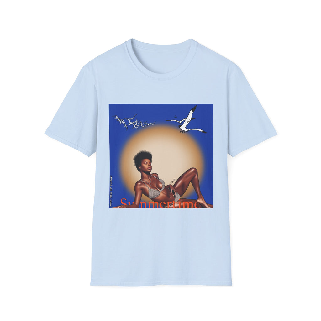 Graphic T-Shirt — Vintage Sun & Seagulls Beach Art (includes text)