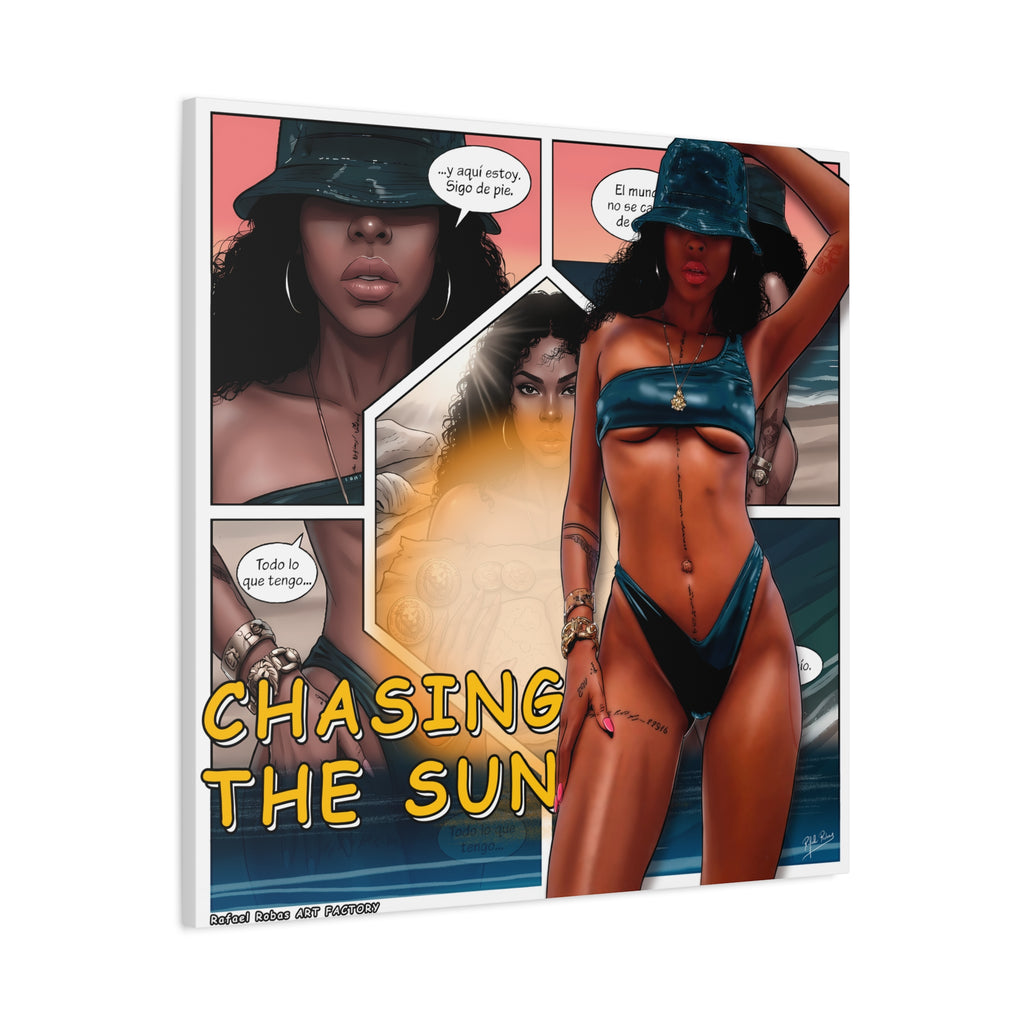 Chasing the Sun Canvas Art — Tropical Pinup Comic Print