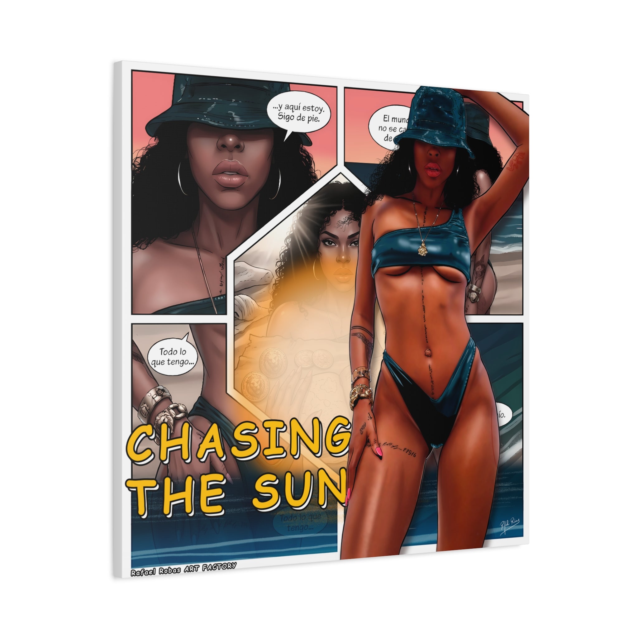 Chasing the Sun Canvas Art — Tropical Pinup Comic Print