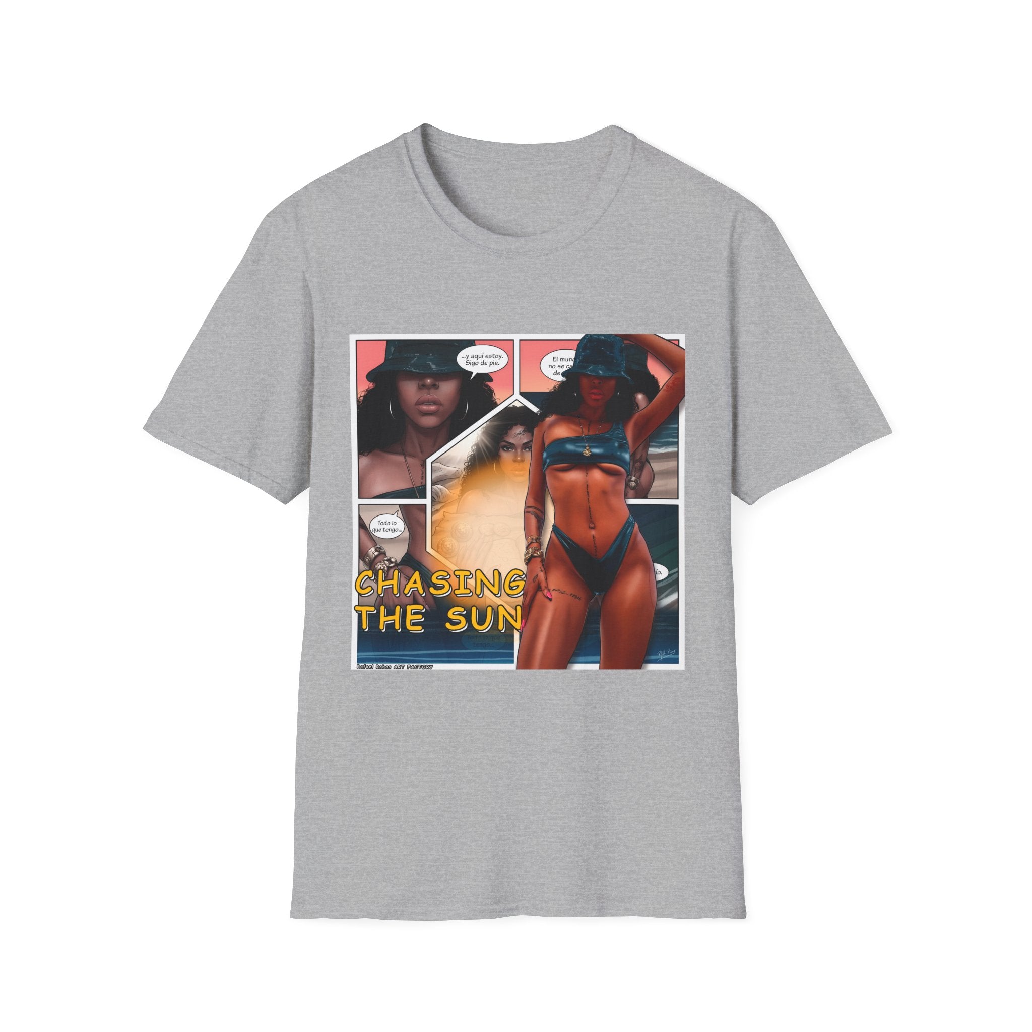 Graphic Swim Babe T-Shirt — "Chasing the Sun" Comic Panel Tee