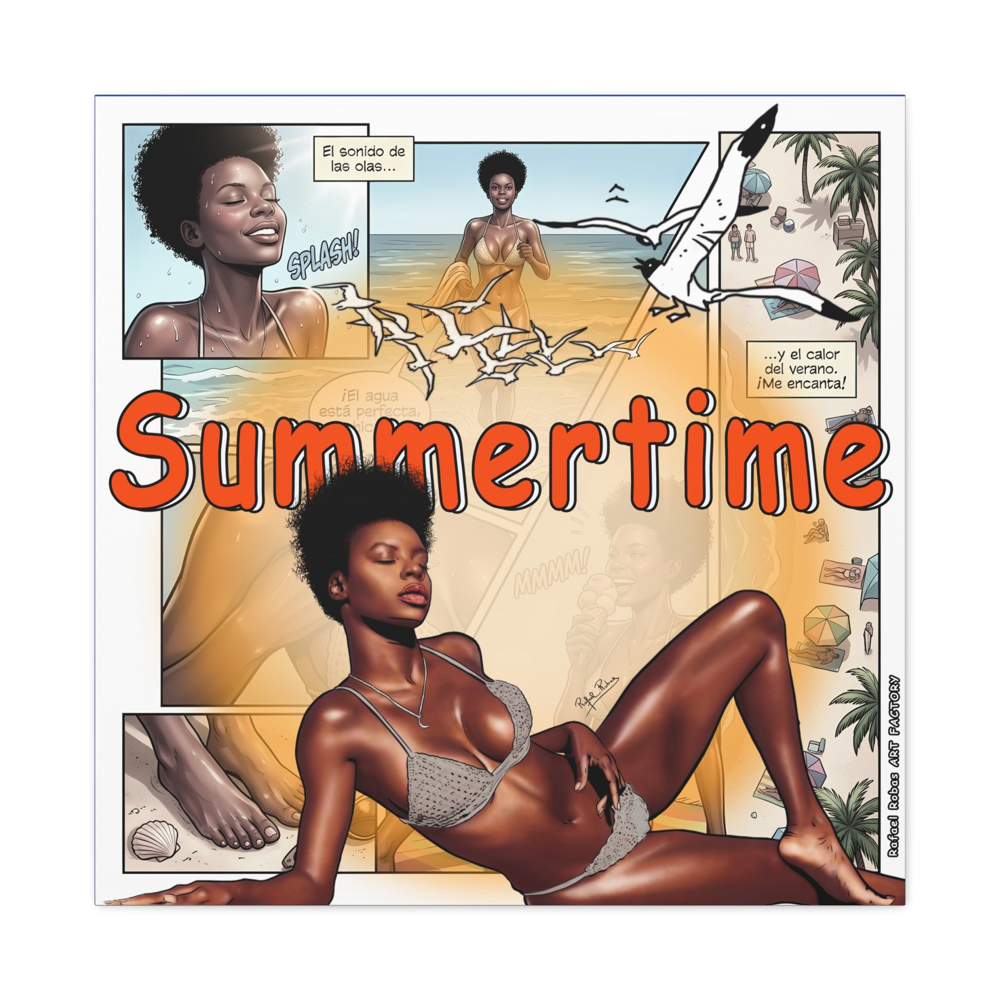 Summertime Beach Art Canvas - Retro Comic Afrocentric Pinup Wall Decor
