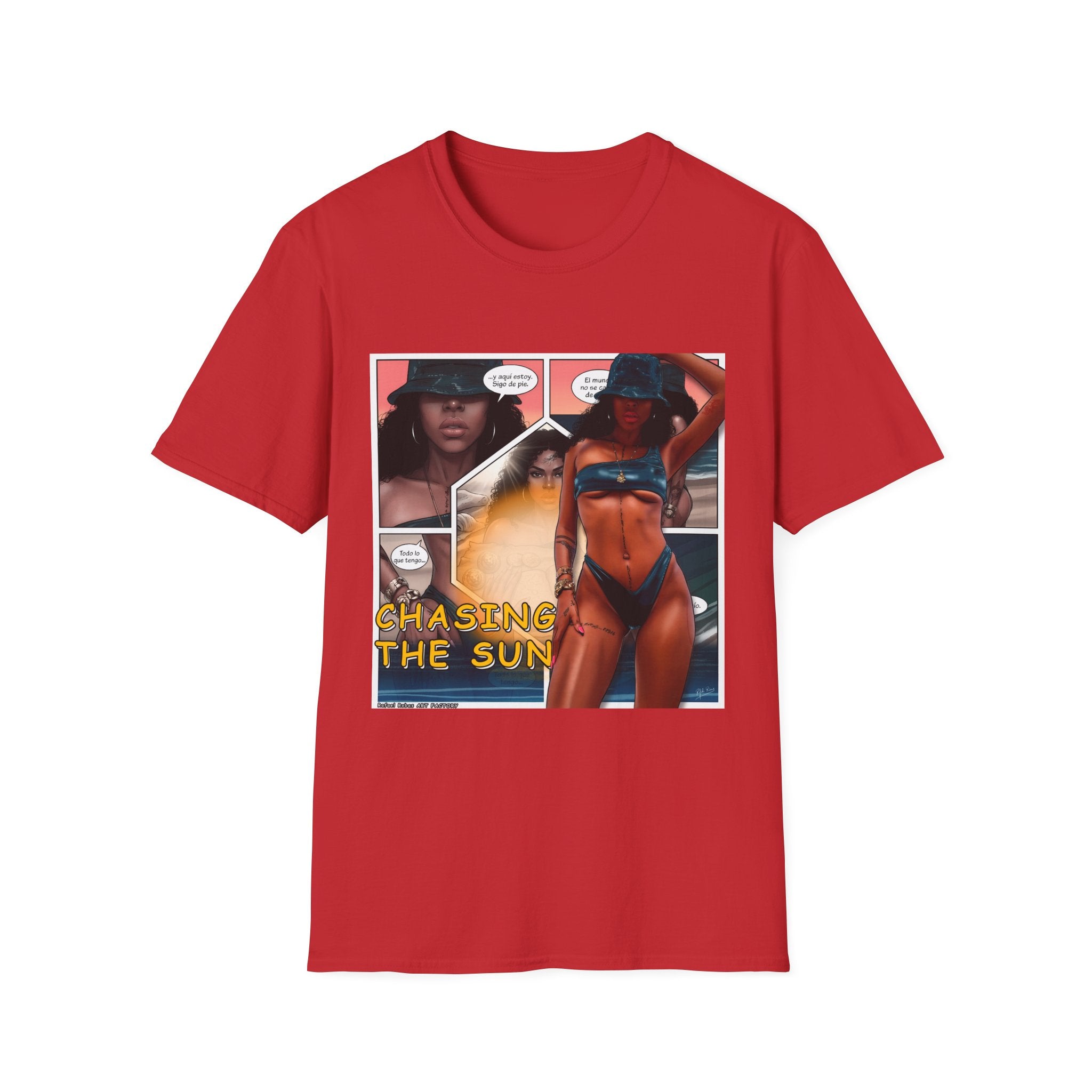 Graphic Swim Babe T-Shirt — "Chasing the Sun" Comic Panel Tee
