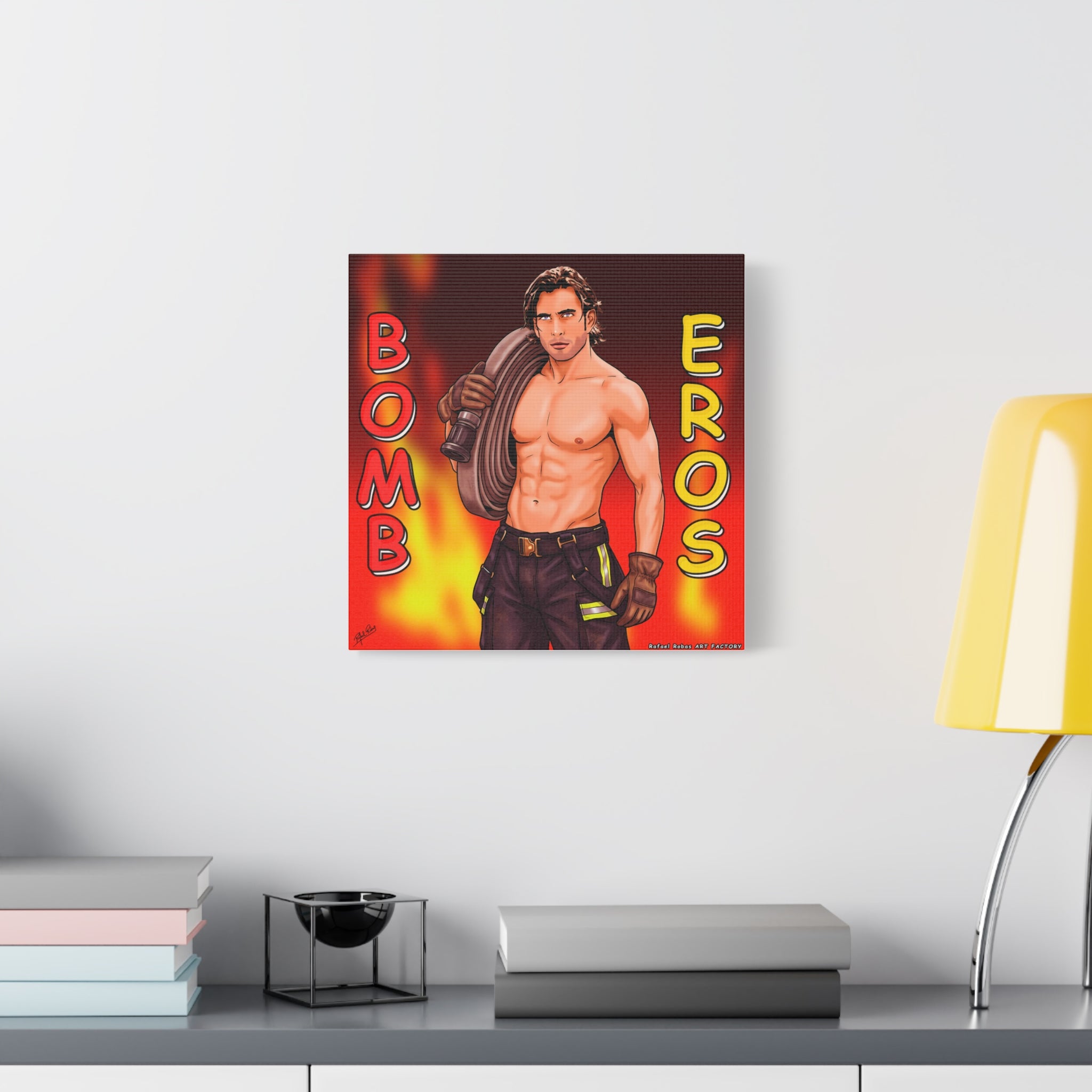 Firefighter Pinup Canvas Print — "Bomb Eros" Matte Stretched Wall Art