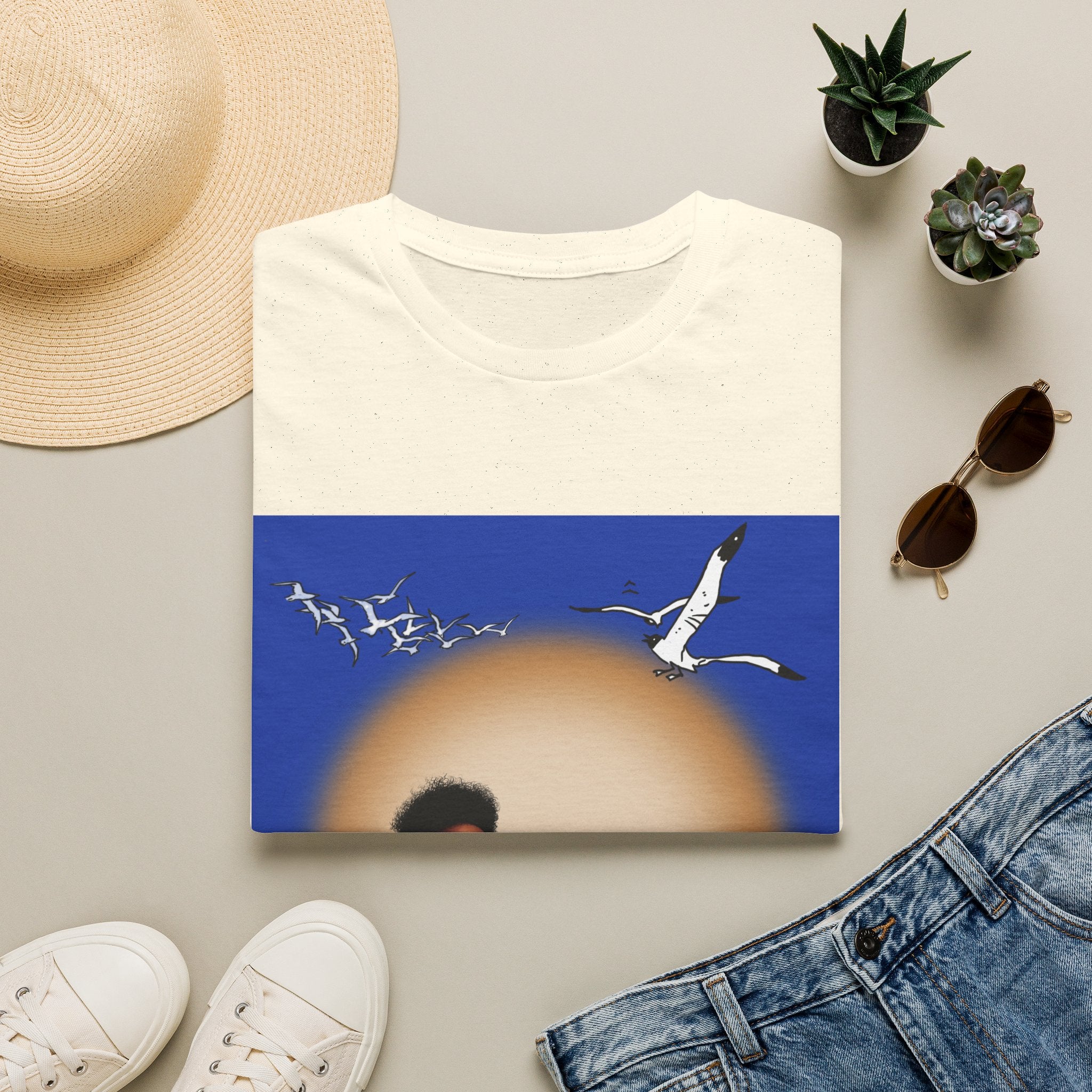 Graphic T-Shirt — Vintage Sun & Seagulls Beach Art (includes text)