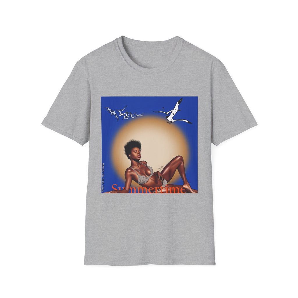 Graphic T-Shirt — Vintage Sun & Seagulls Beach Art (includes text)