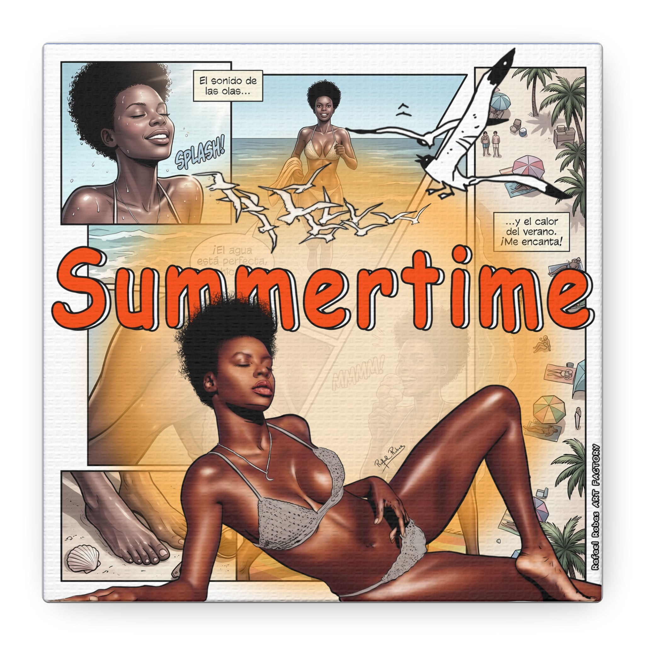 Summertime Beach Art Canvas - Retro Comic Afrocentric Pinup Wall Decor