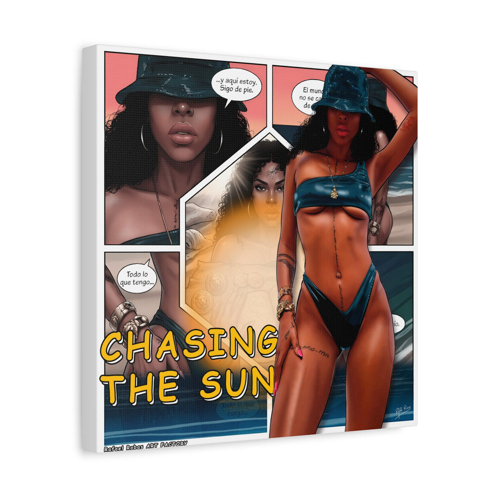 Chasing the Sun Canvas Art — Tropical Pinup Comic Print