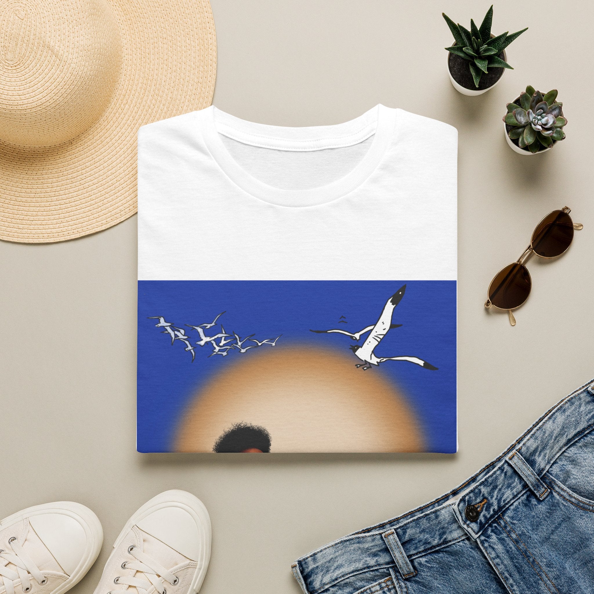 Graphic T-Shirt — Vintage Sun & Seagulls Beach Art (includes text)