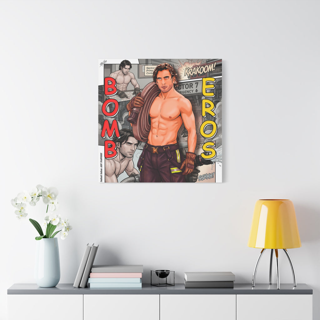 Bomb Eros Firefighter Canvas Art — Comic-Style Shirtless Hero Wall Decor