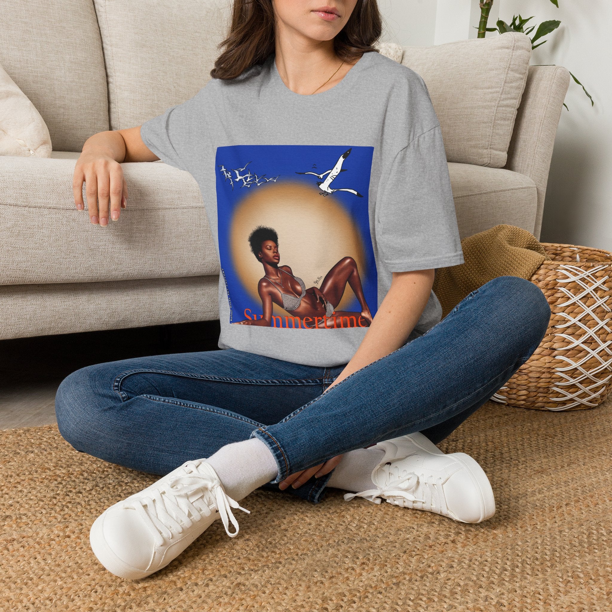 Graphic T-Shirt — Vintage Sun & Seagulls Beach Art (includes text)